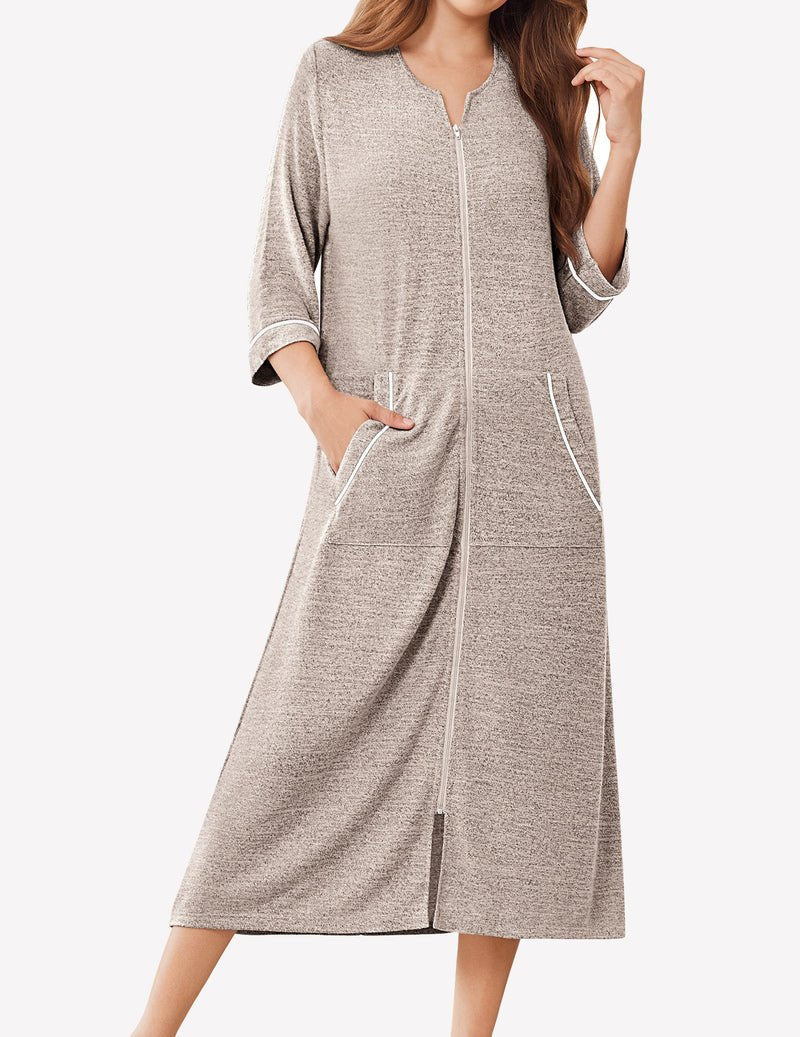 Leichter Bademantel mit Reißverschluss, 3/4-Ärmeln, beige meliert, seitliche Taschen