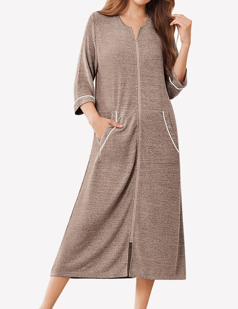Leichter Bademantel mit Reißverschluss, 3/4-Ärmeln, braunbeige meliert, seitliche Taschen