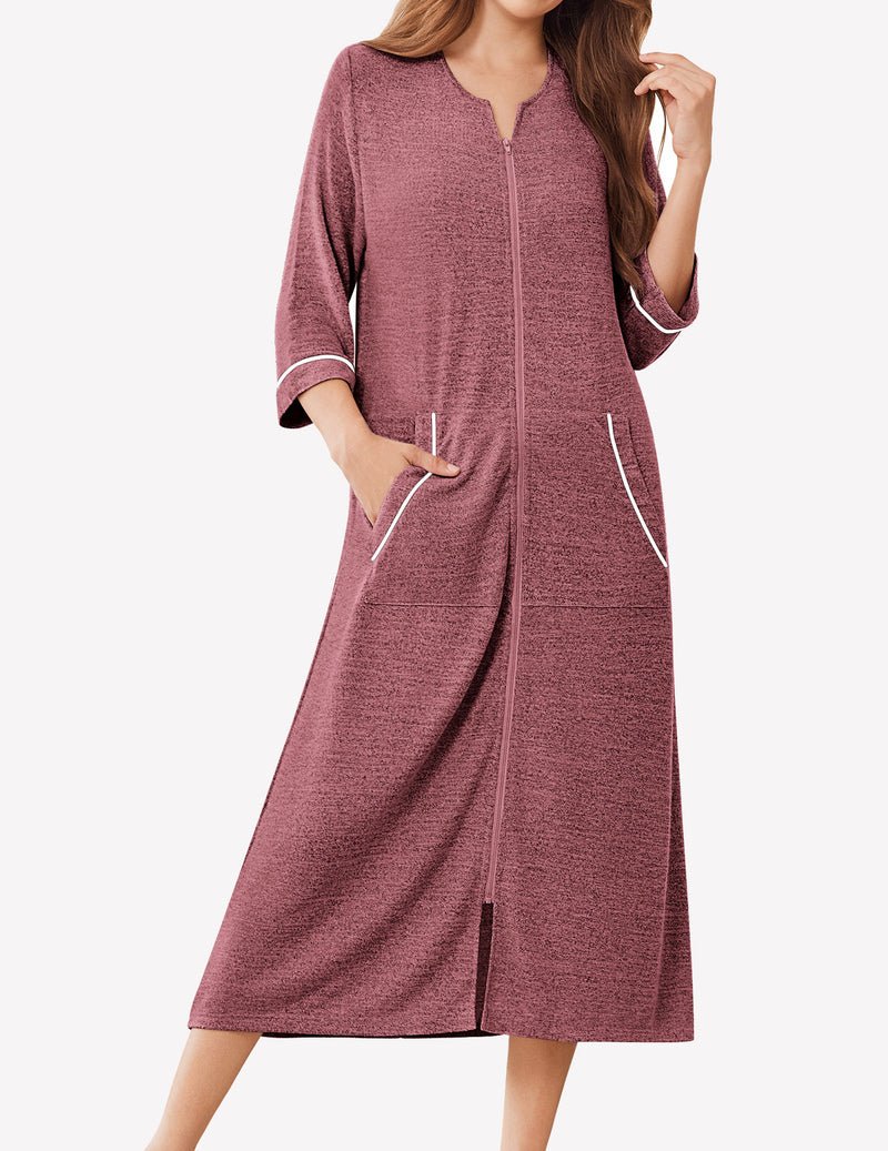Wine red zip-front bathrobe with 3/4 sleeves, contrast trim, two side pockets