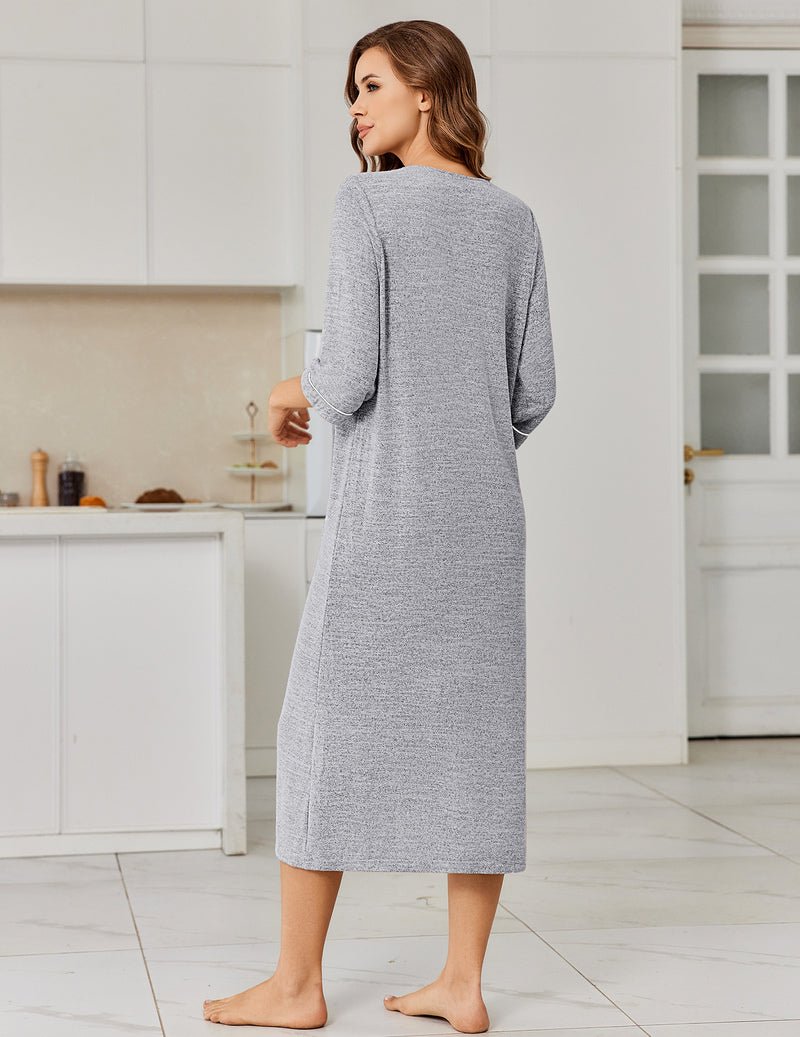 Light gray zip bathrobe back view, 3/4 sleeves, midi length, two side pockets