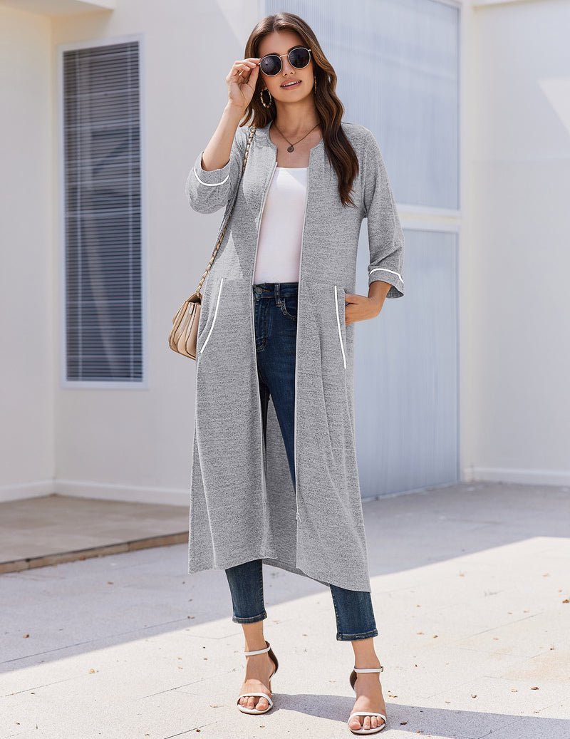 Light gray long zip-front house robe, 3/4 sleeves, side pockets, contrast trim