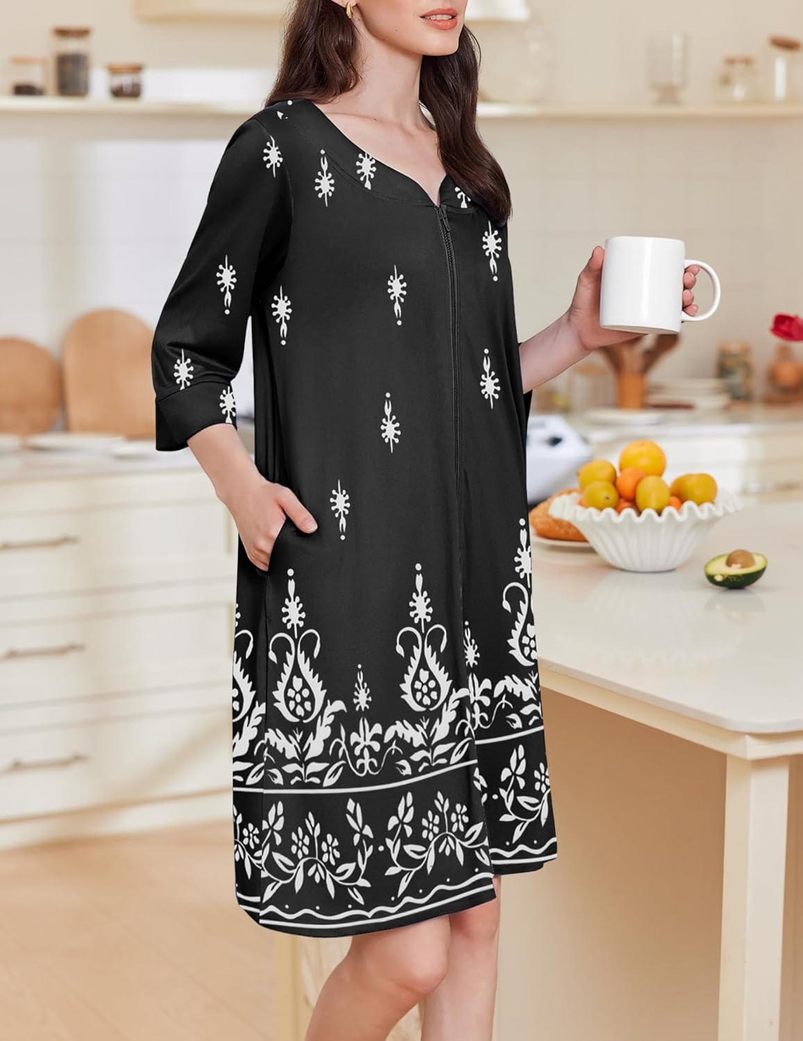 Zipper robe nightgown with 3/4 sleeves, black with white ornamental border print