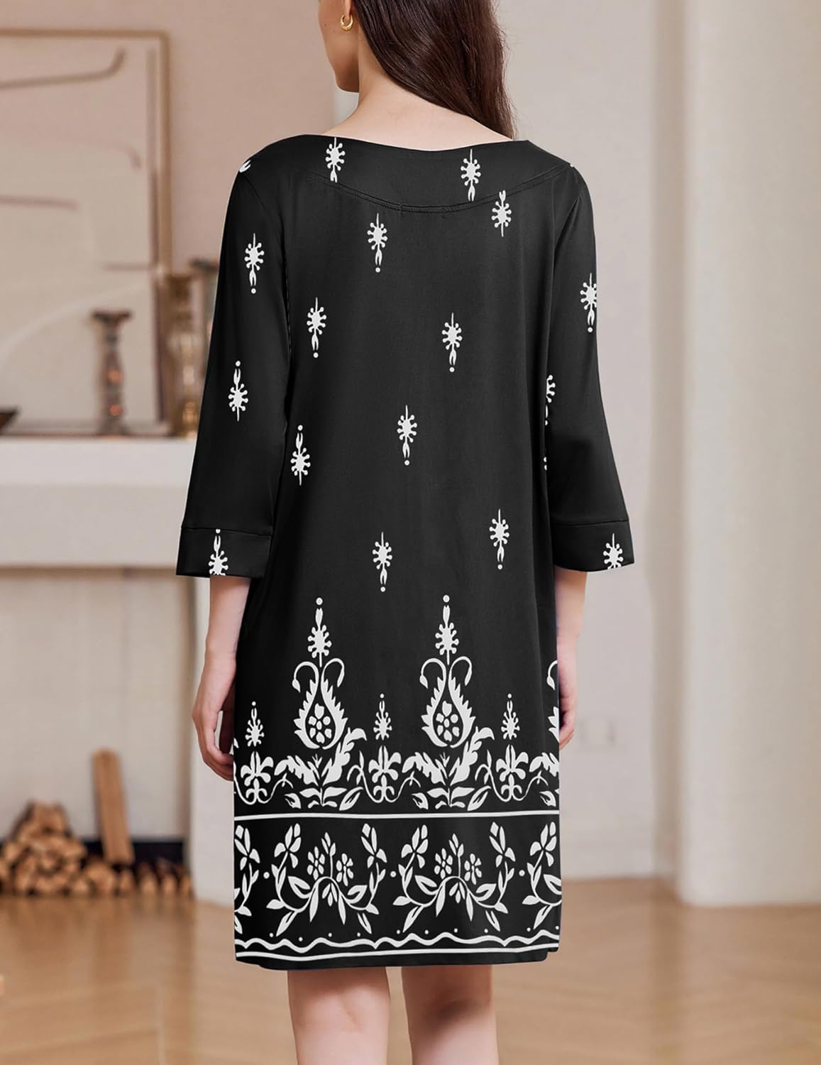 Zipper robe nightgown, black with white patterns, back view, 3/4 sleeves