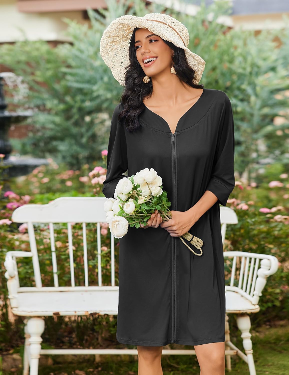 Reißverschluss-Nachthemd, 3/4 Ärmel, schwarzes Unifarb-Kleid