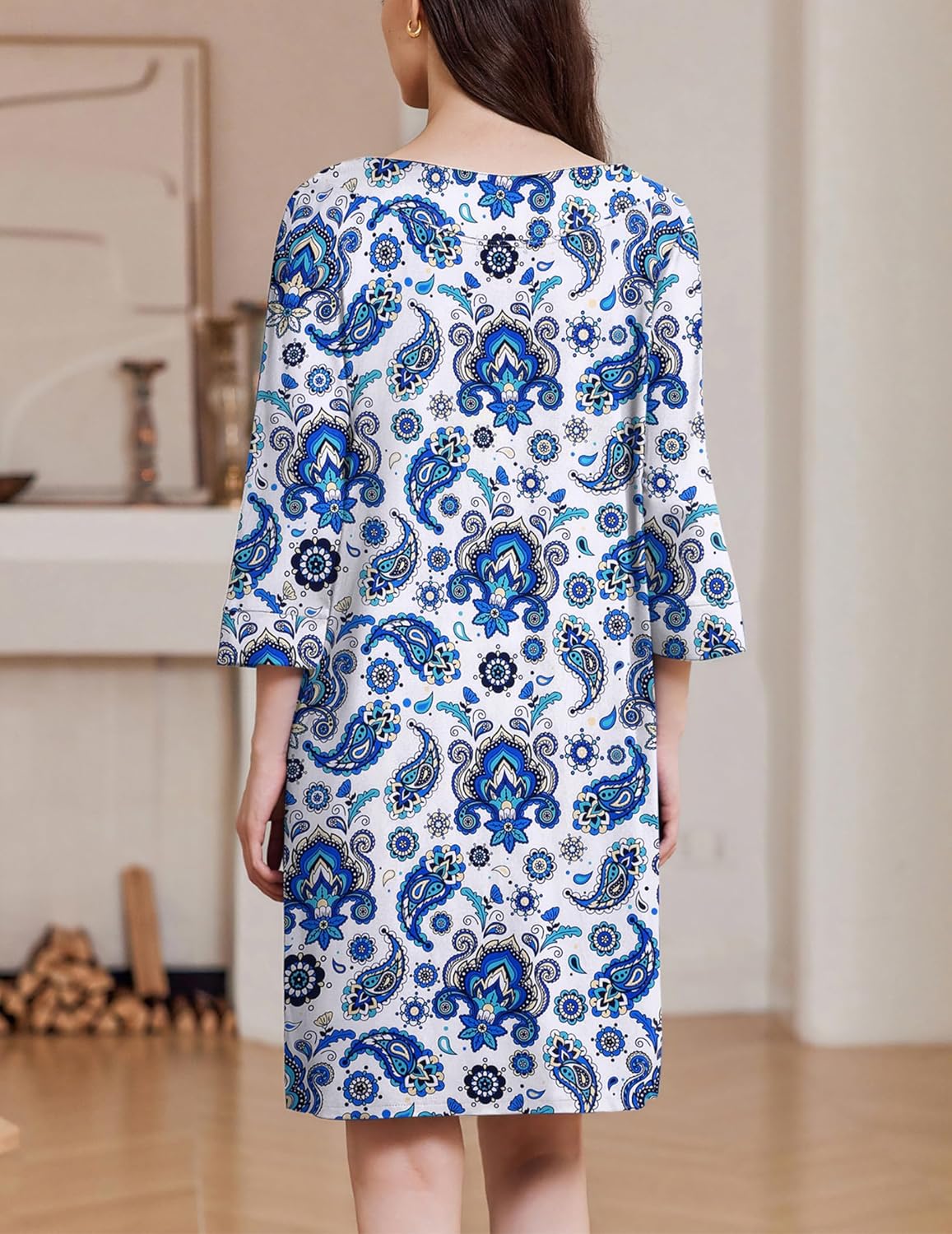 Back view: blue and white zip-front nightgown robe, 3/4 sleeves, paisley floral print