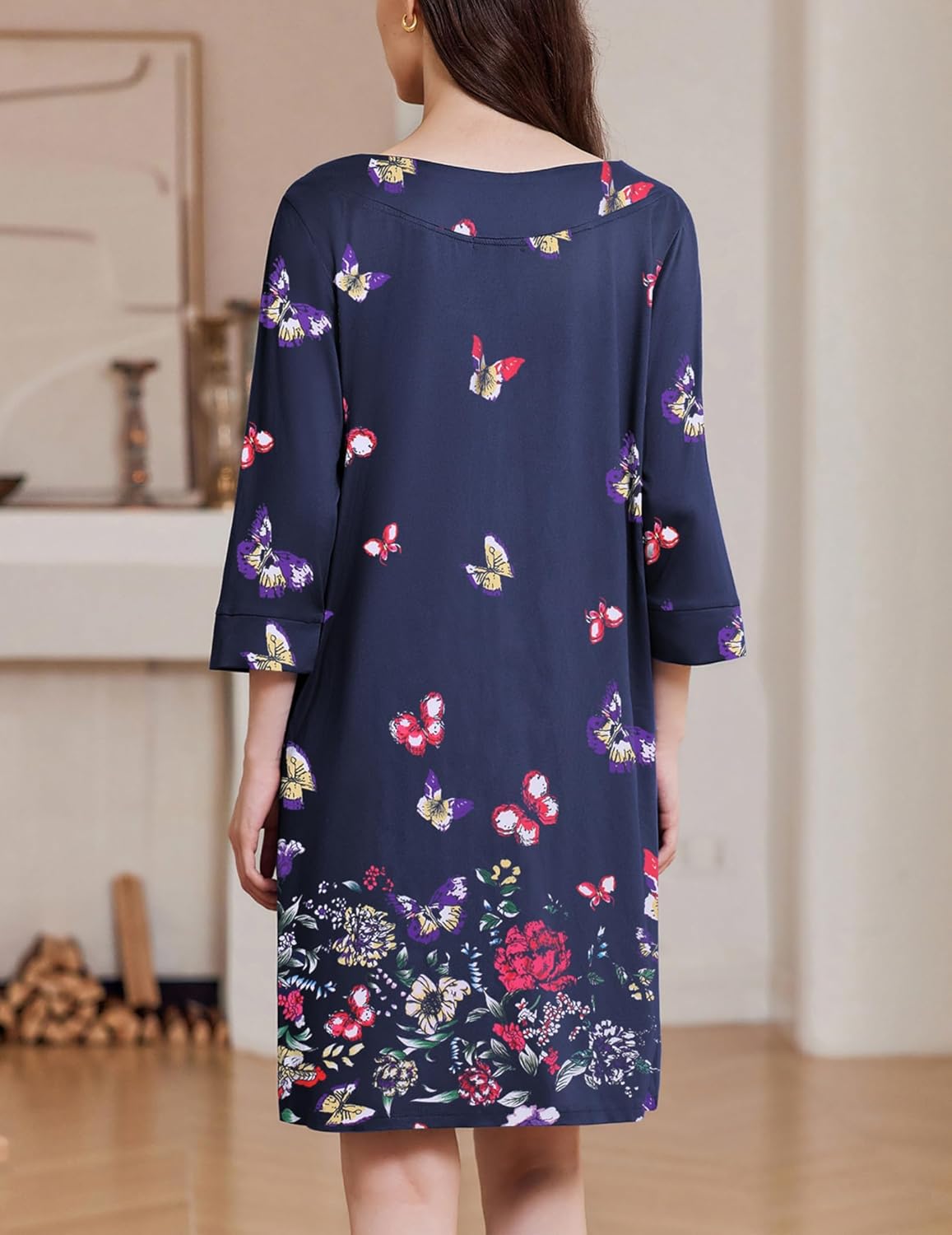 Navy zipper nightgown with 3/4 sleeves, back view, butterfly print hem panel