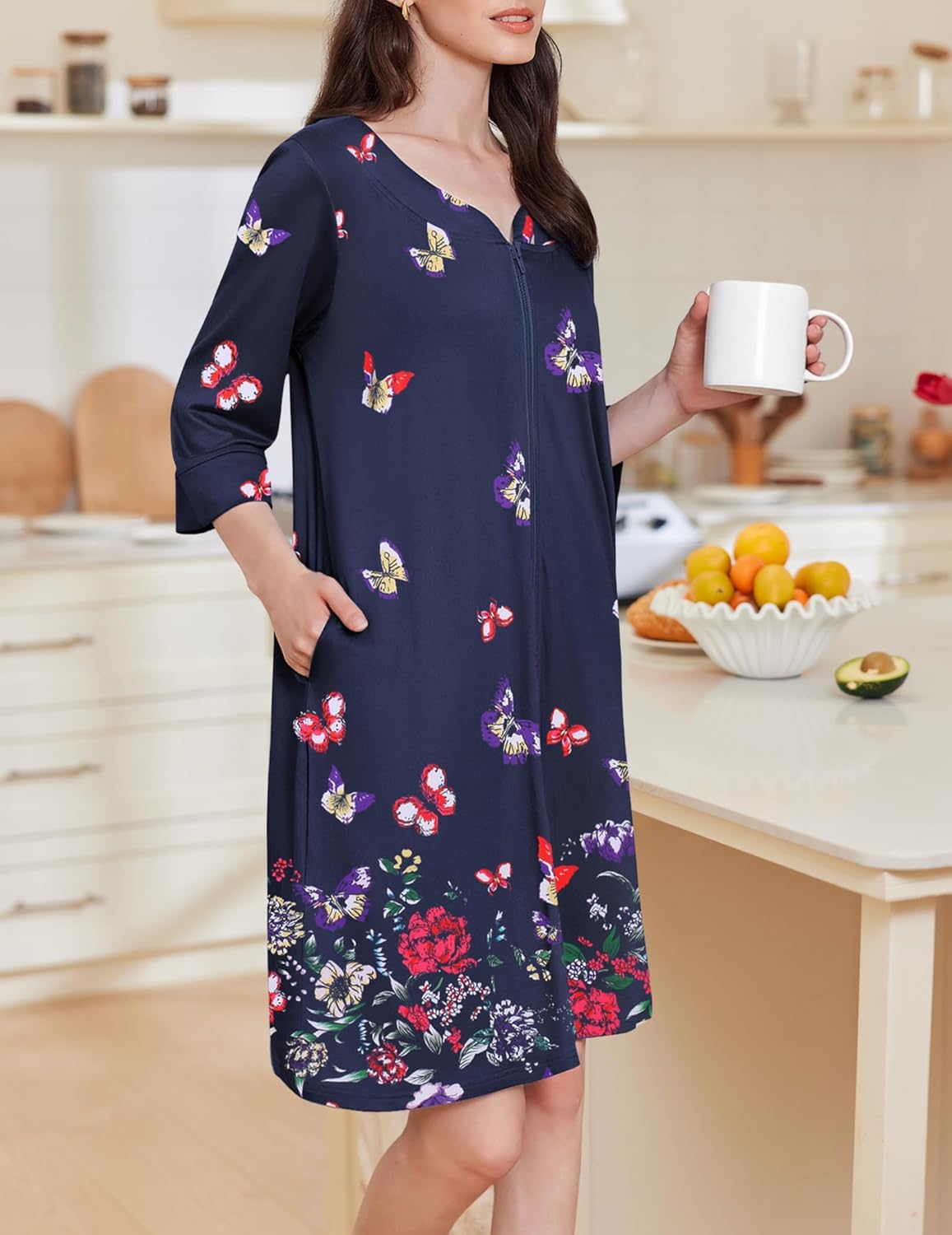 Navy zipper nightgown with 3/4 sleeves, colorful butterfly print