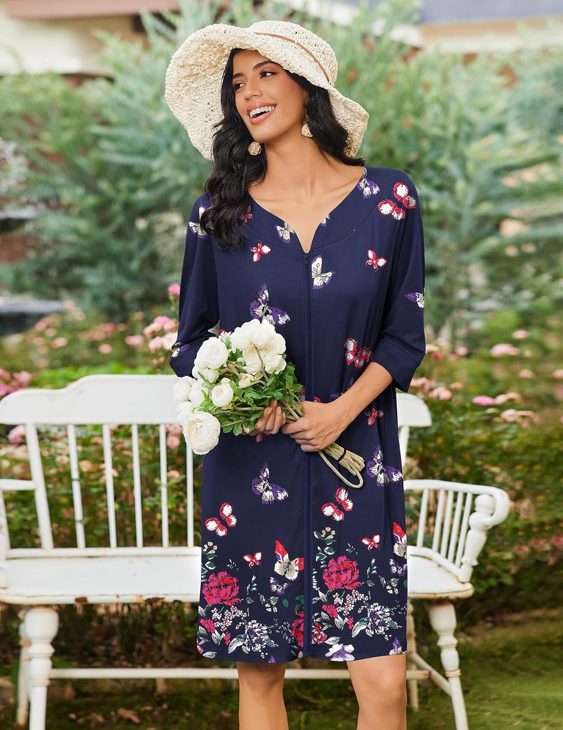 Navy zipper nightgown with 3/4 sleeves, butterfly and floral pattern, front view