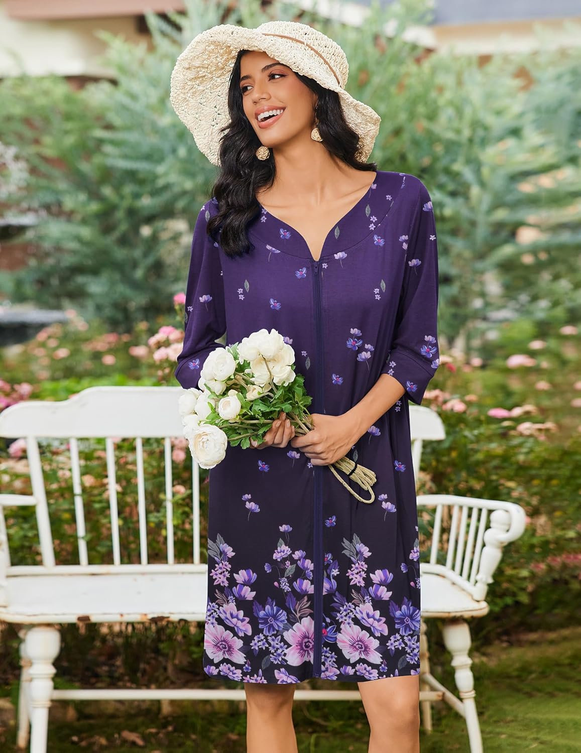 Purple zip-front nightgown, 3/4 sleeves, floral pattern, deep V neckline