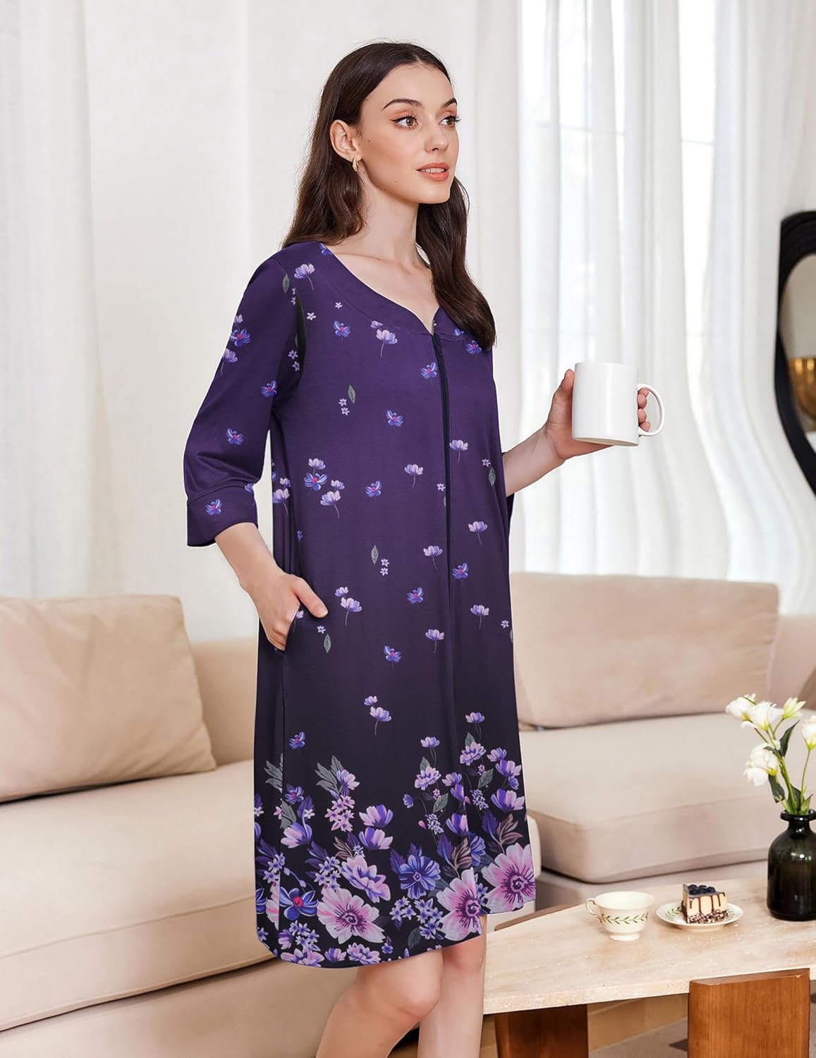 Purple zip-front nightgown with small floral print, 3/4 sleeves, V-neck