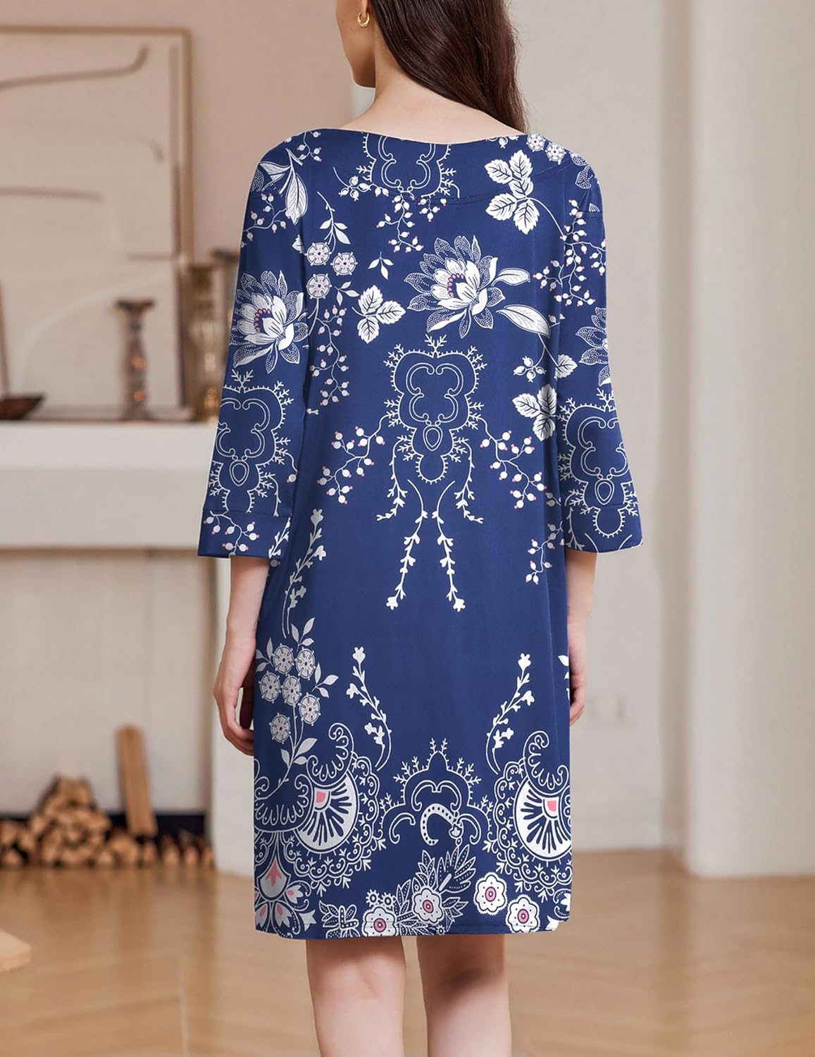 Navy floral zip-front nightgown with 3/4 sleeves, back view