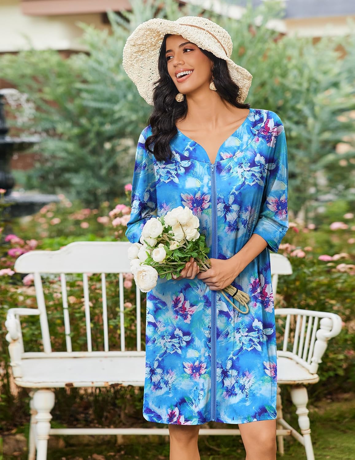Zipper robe nightgown with 3/4 sleeves, blue floral print, V-neck front