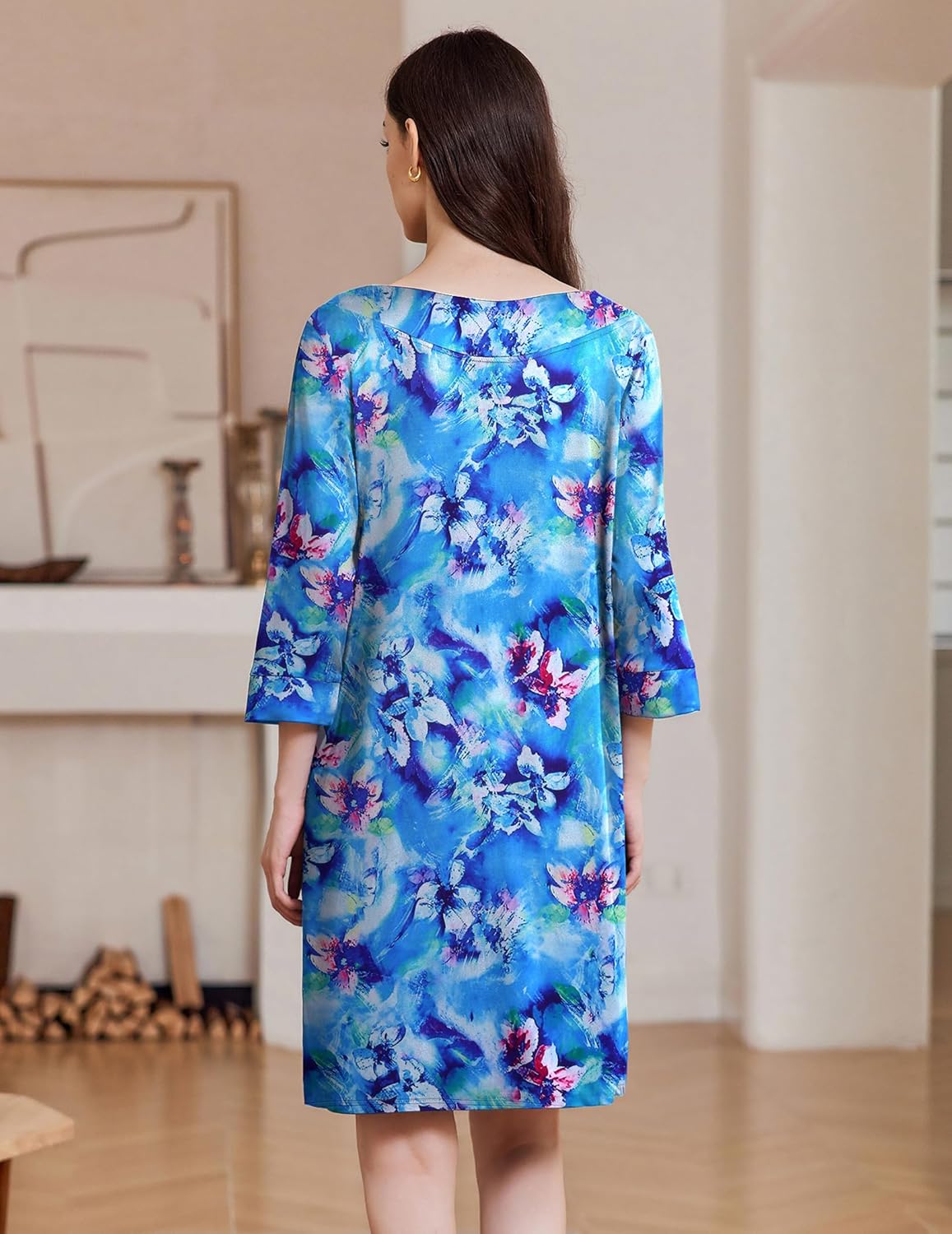 Zipper robe nightgown, blue floral print, back view, 3/4 sleeves