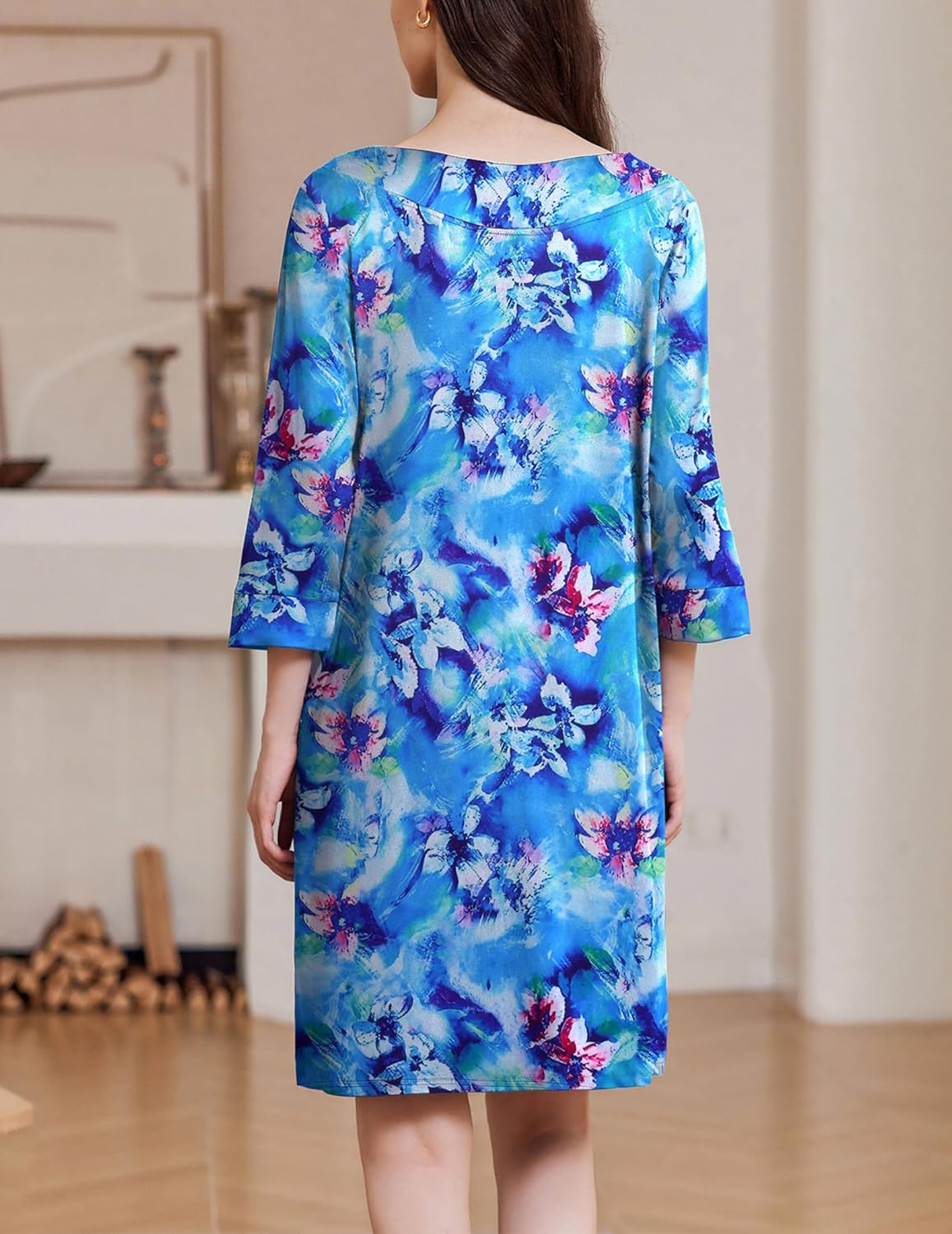 Zipper robe nightgown, blue floral print, back view with 3/4 sleeves