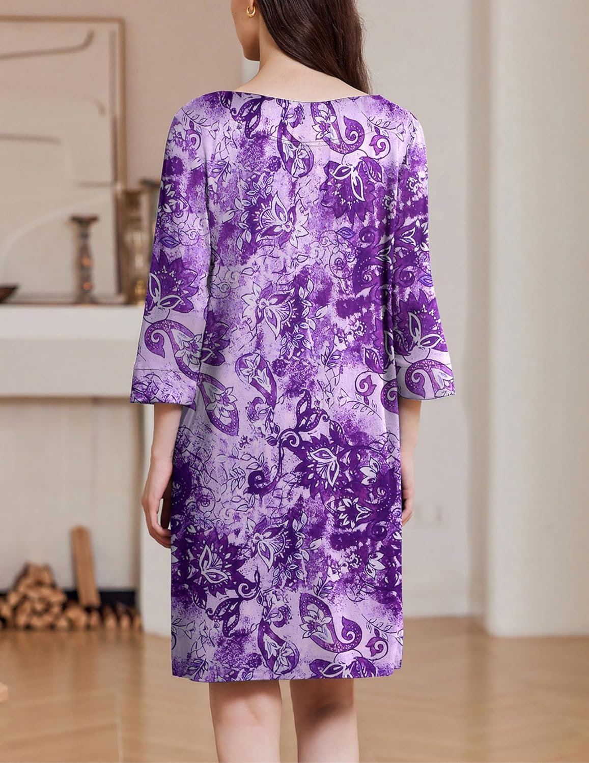 Reißverschluss-Nachthemd, 3/4 Ärmel, violett florales Muster (Rückansicht)