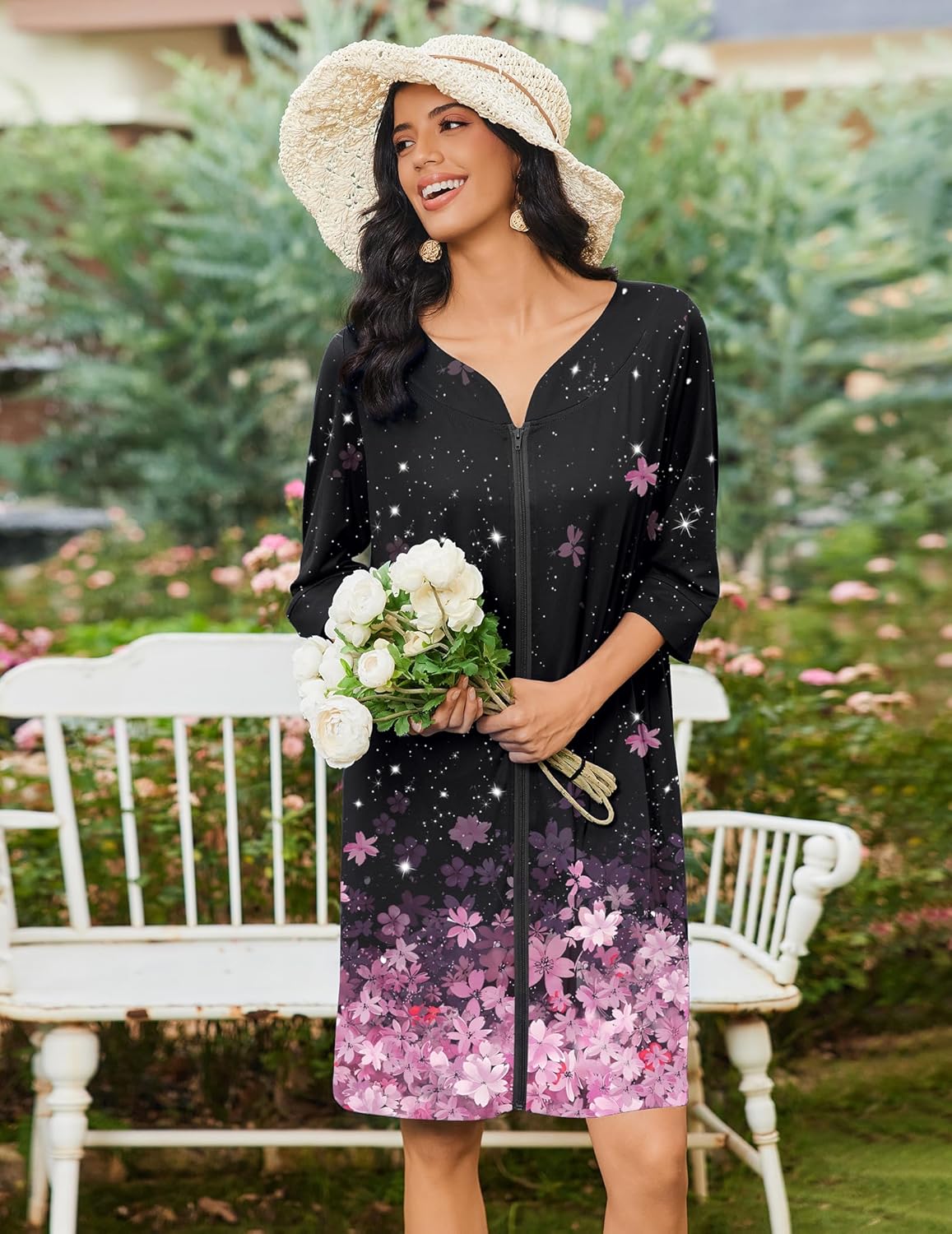 Reißverschluss-Nachthemd, 3/4 Ärmel, schwarzes Kleid mit rosa Blütenmuster