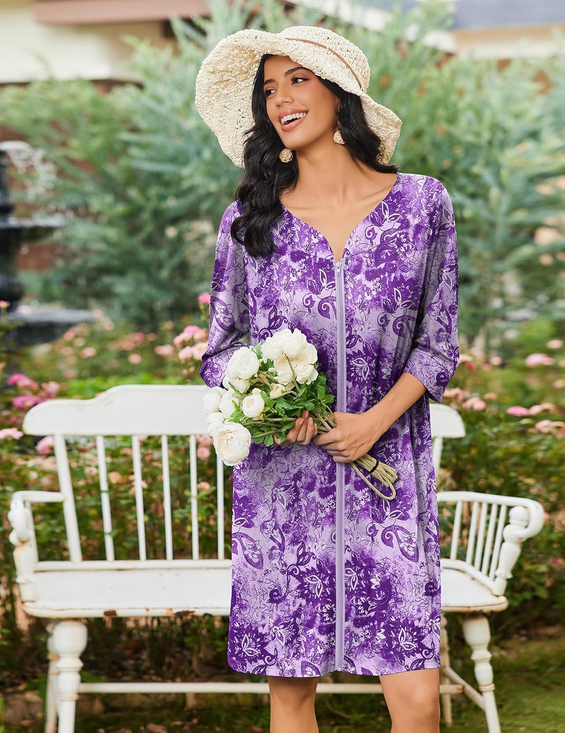 Zipper robe nightgown, purple paisley print, 3/4 sleeves, front view with zipper