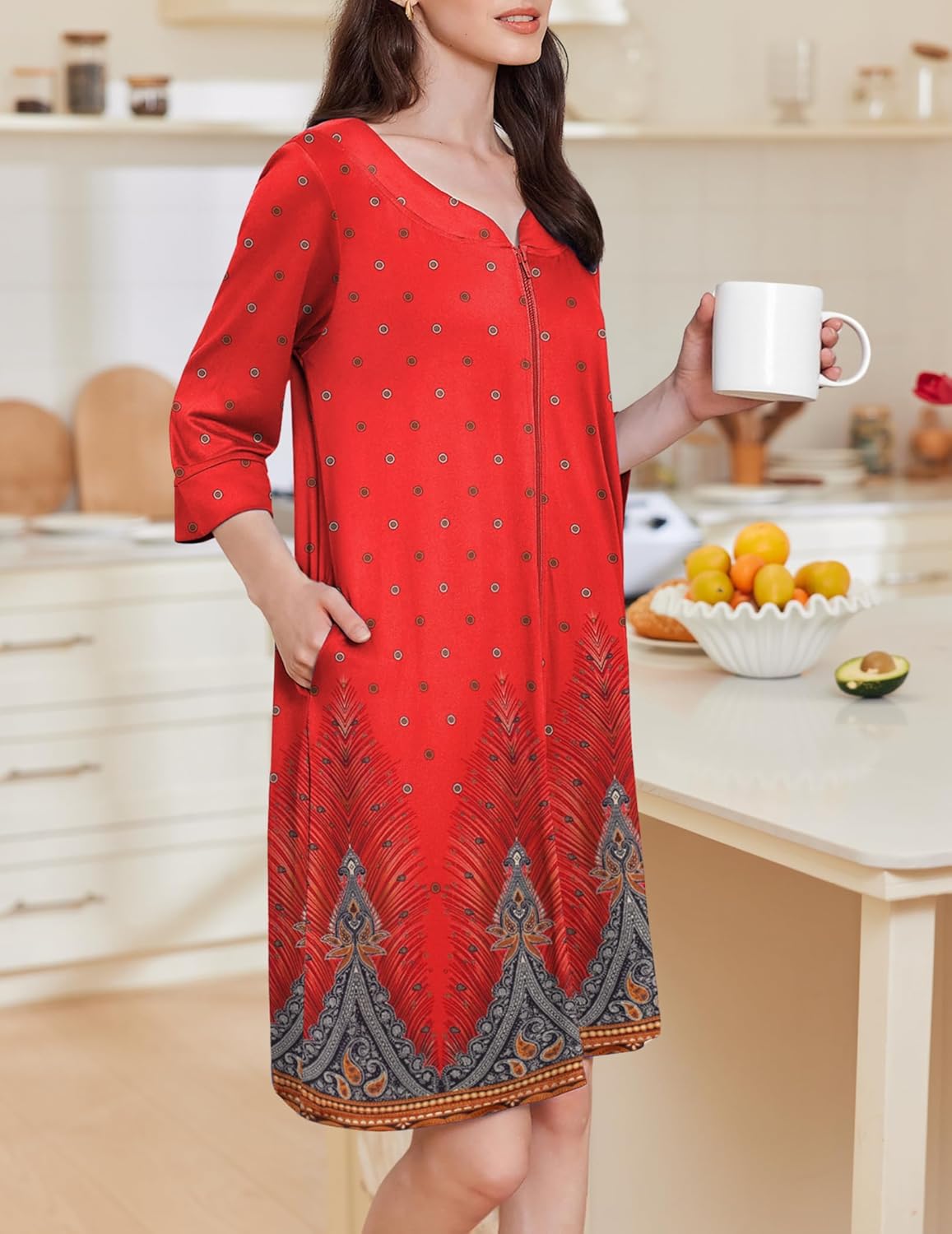 Floral red zipper nightgown with 3/4 sleeves, allover dots and patterned border