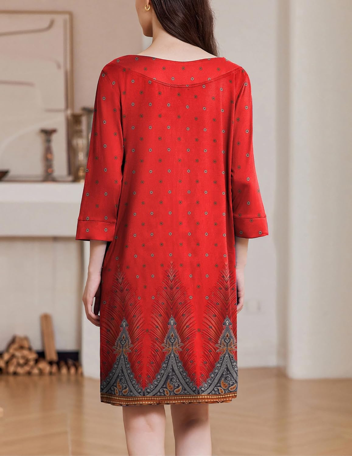 Red patterned zip-front nightgown with 3/4 sleeves, back view