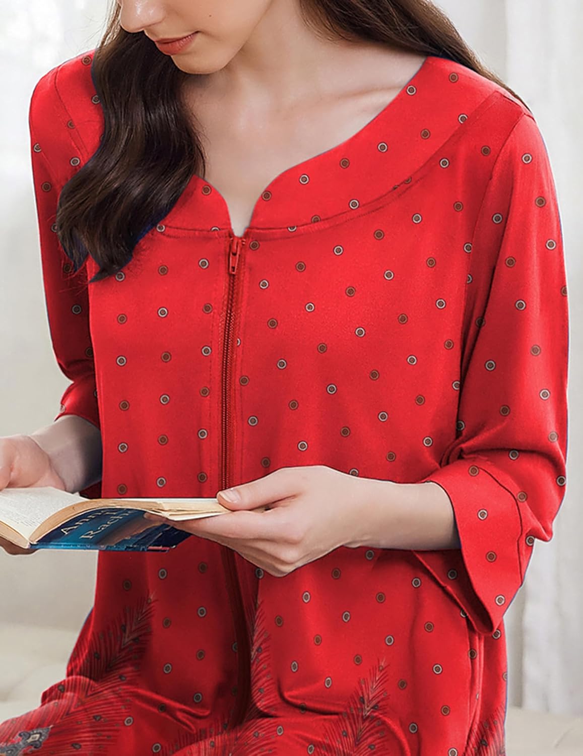 Red zipper nightgown close-up: round neckline and front zip, dot pattern