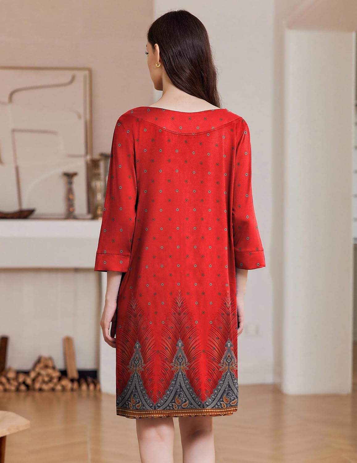Red patterned zip-front nightgown with 3/4 sleeves, full back view