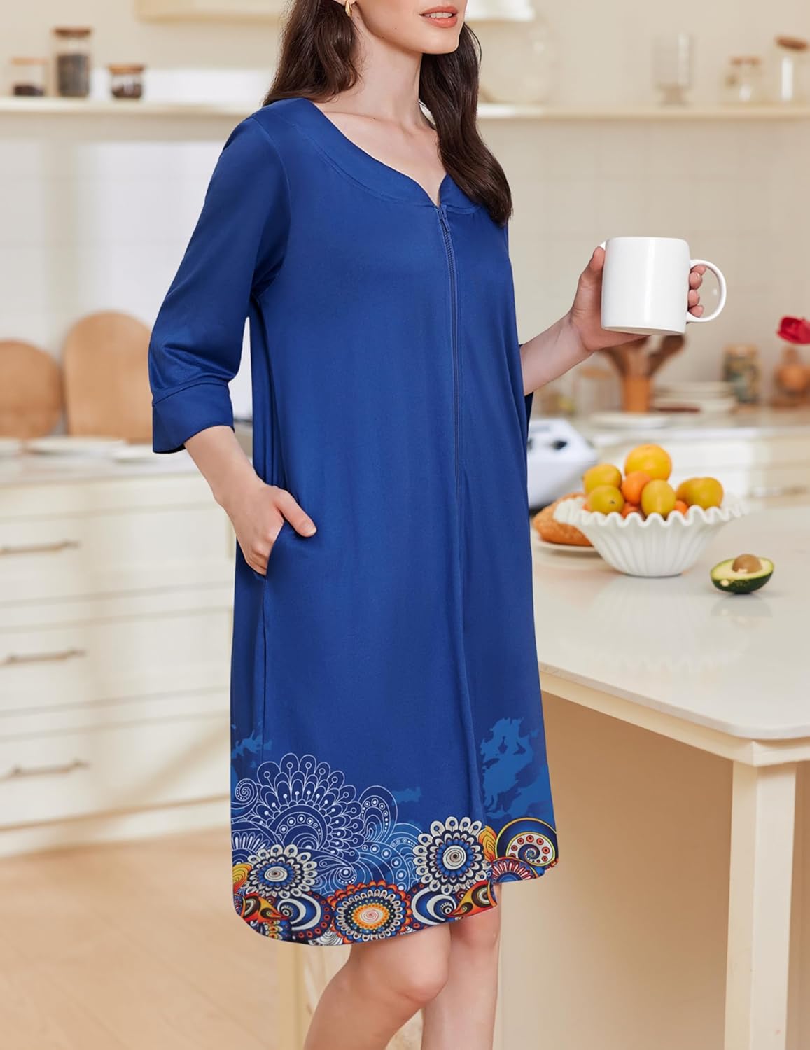 Royal blue zip-front nightgown robe, 3/4 sleeves, printed hem panel