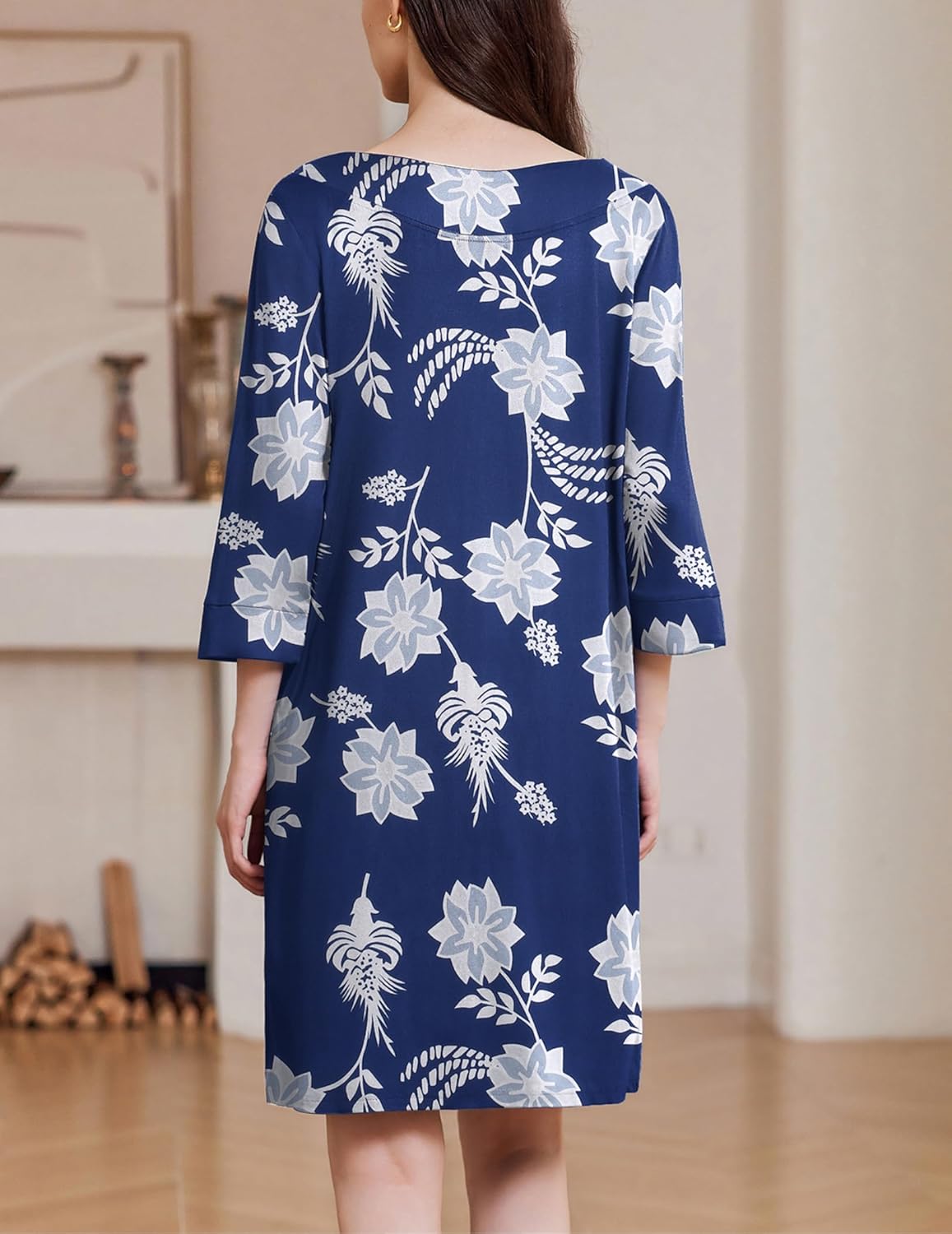 Back view: navy zip-front nightgown robe, 3/4 sleeves, white floral ornamental print