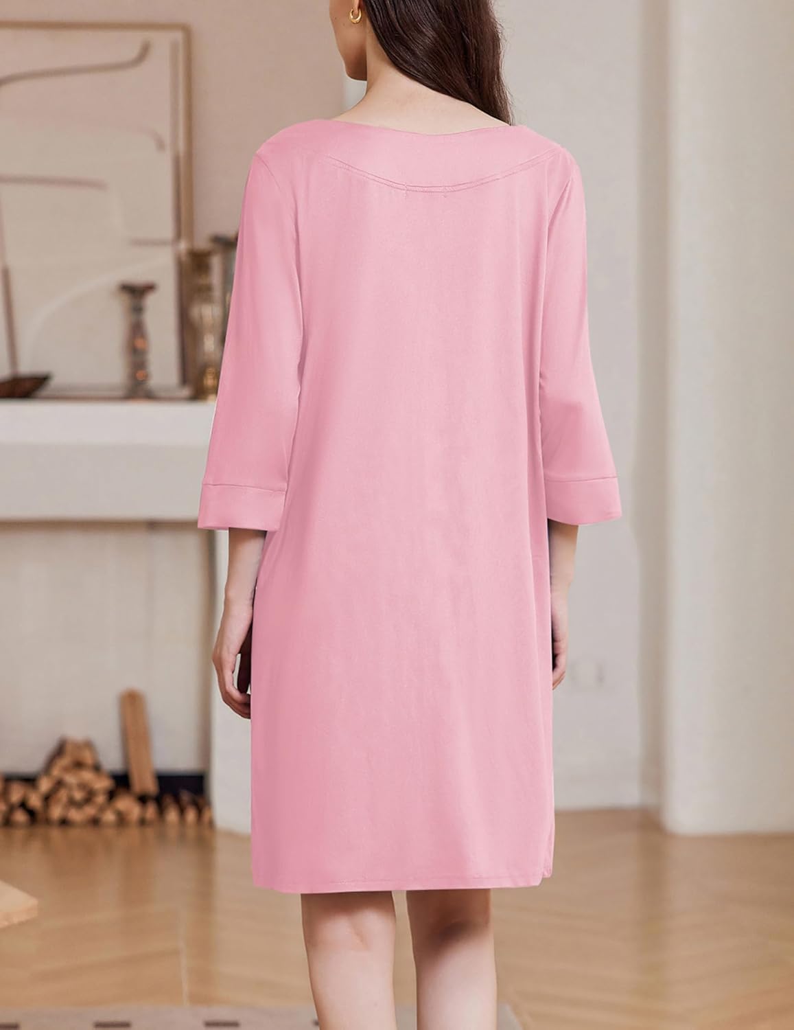 Back view: pink zip-front nightgown robe, 3/4 sleeves, solid color