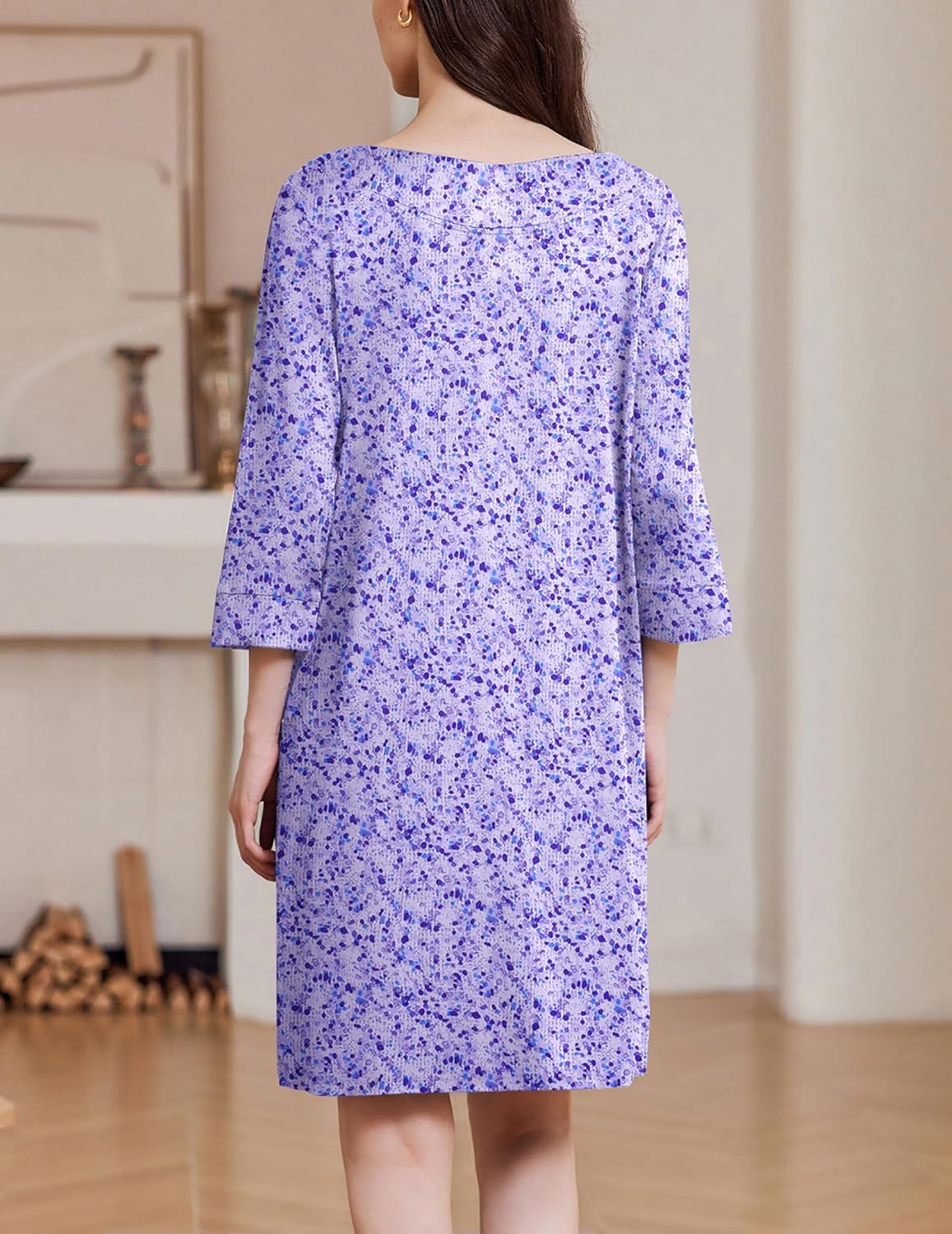 Back view: purple zip-front nightgown robe, 3/4 sleeves, small speckle floral print