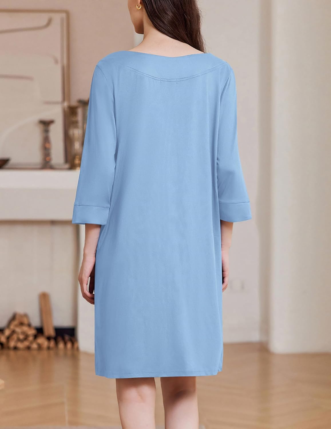 Blue zipper nightgown, 3/4 sleeves, back view with curved yoke seam
