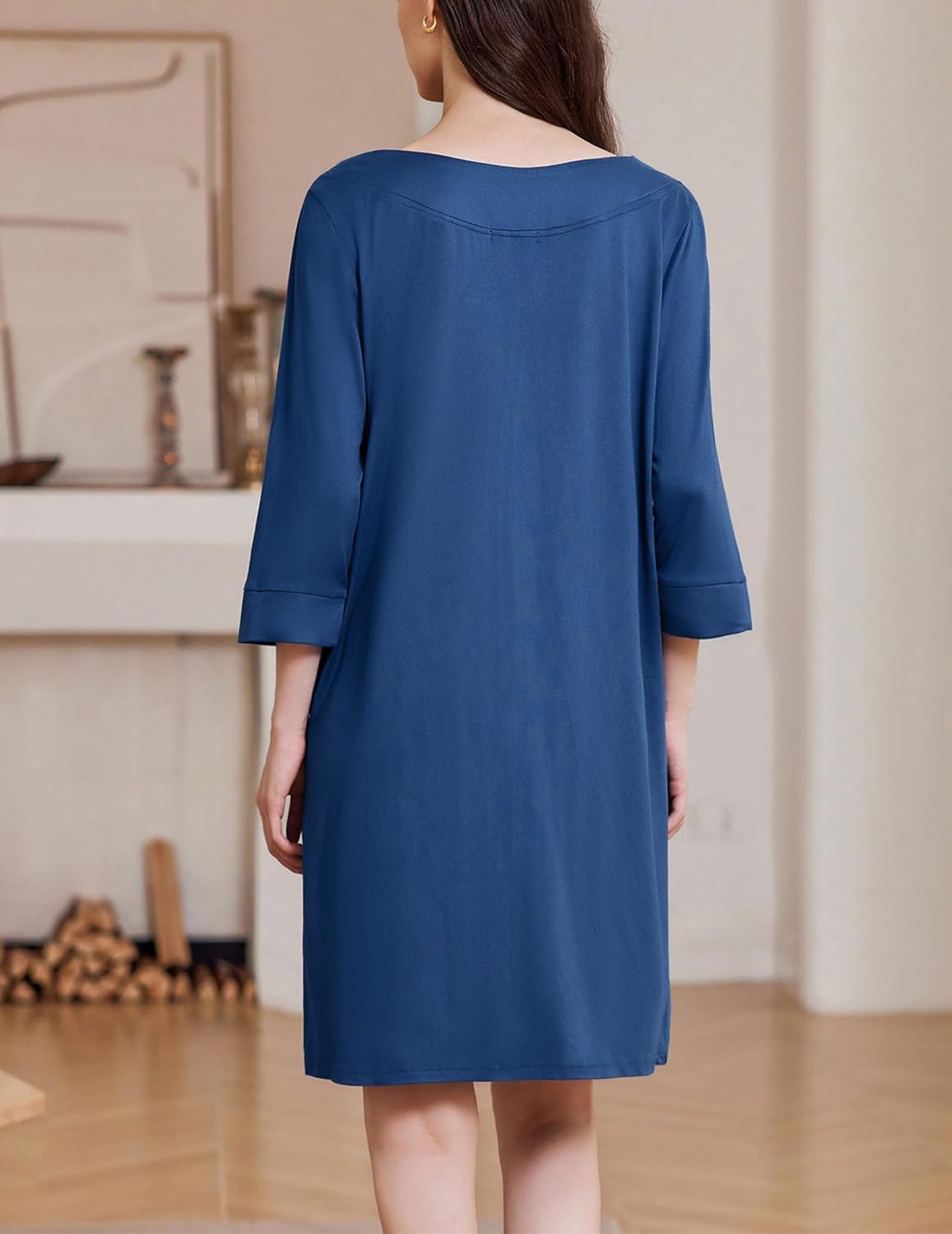 Blue solid zip-front nightgown with 3/4 sleeves, back view