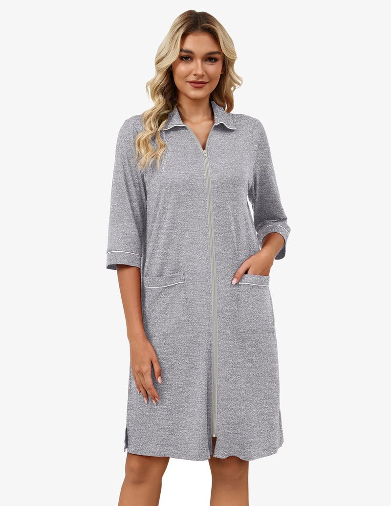 Women’s 3/4 sleeve zip robe, light grey melange with front zipper and patch pockets.