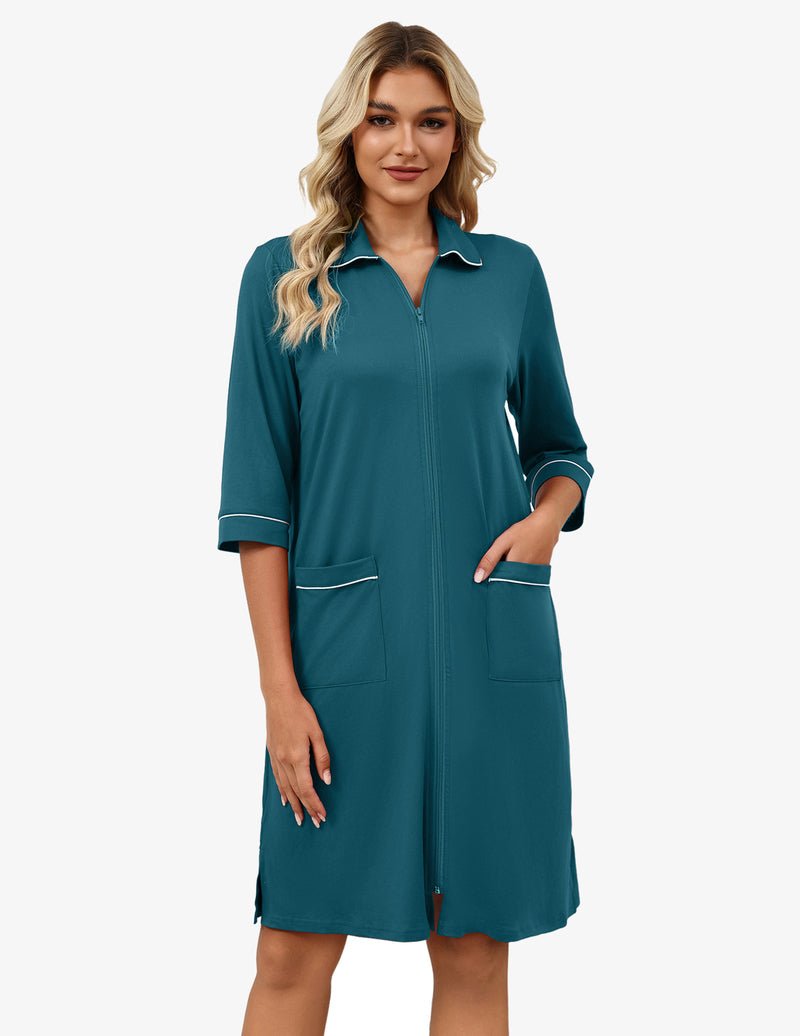 Teal zip robe, 3/4 sleeves, stand collar, two front pockets
