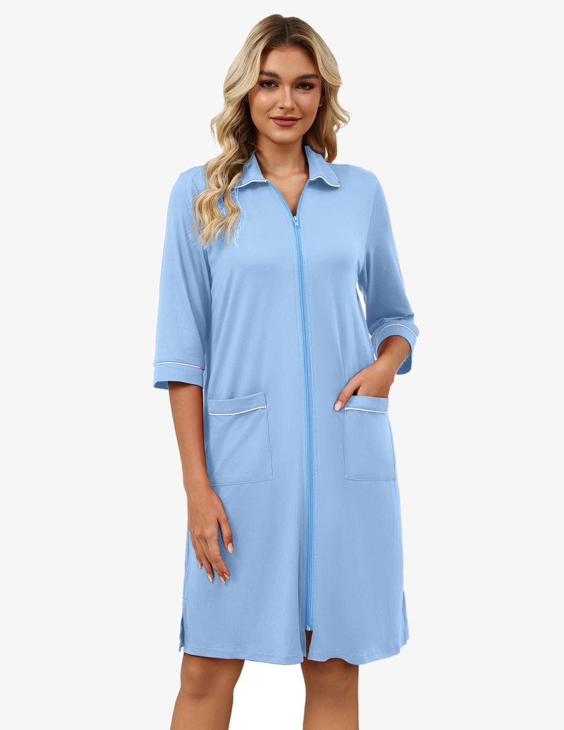Light blue zip robe, 3/4 sleeves, stand collar, front pockets