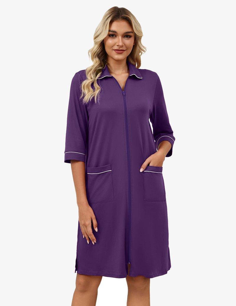 Purple zip robe, 3/4 sleeves, stand collar, two front pockets