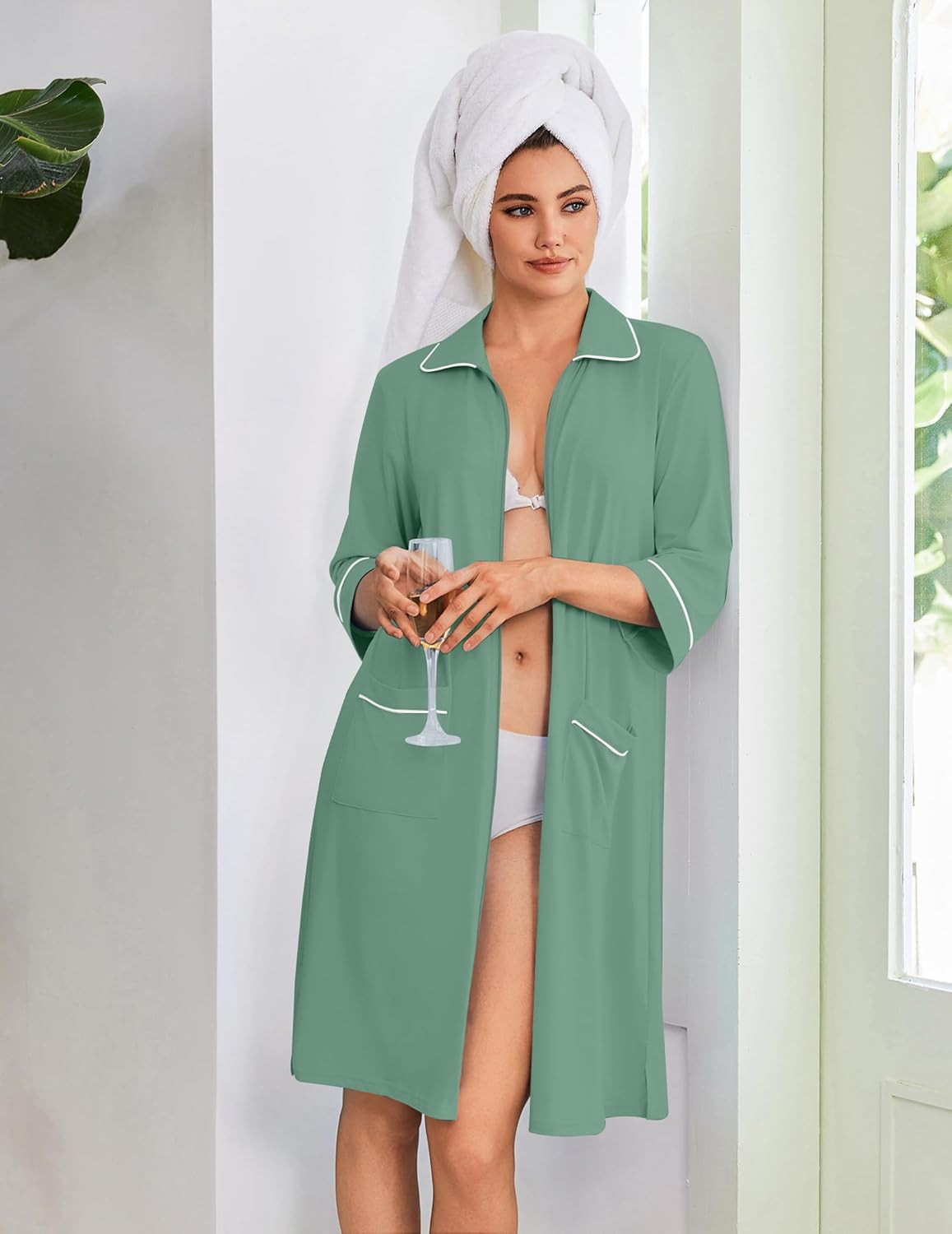 Damen-Zipper-Bademantel, 3/4 Ärmel, grün mit weißem Paspelband