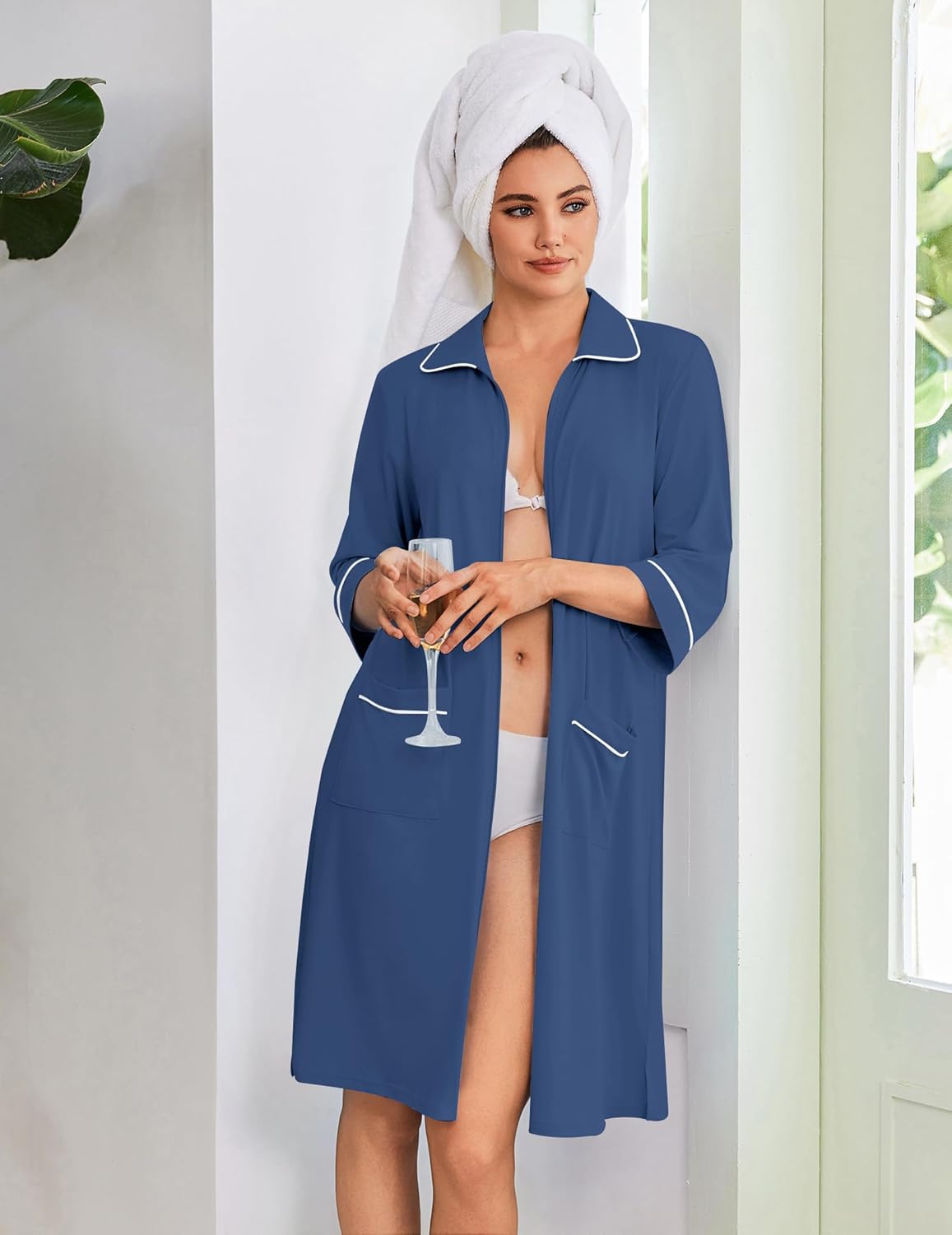 Women’s zip robe with 3/4 sleeves, navy blue, contrast trim, front pockets, mid-calf
