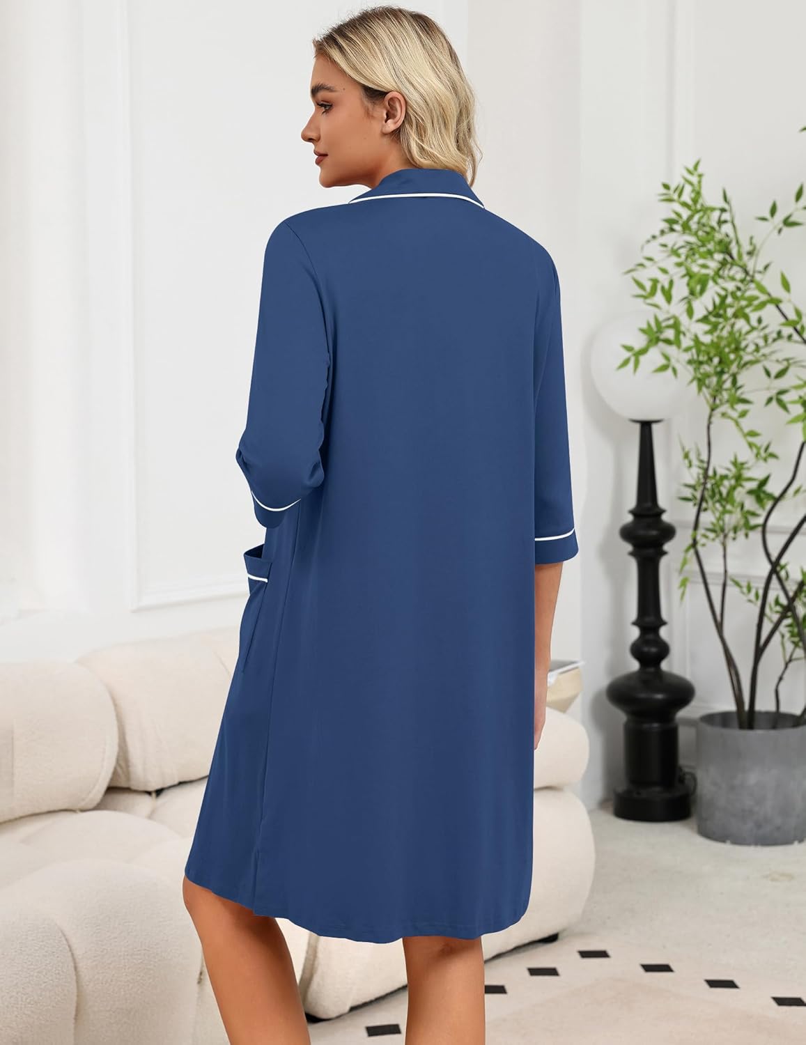 Women’s zip robe with 3/4 sleeves, navy blue, front slit detail, back view