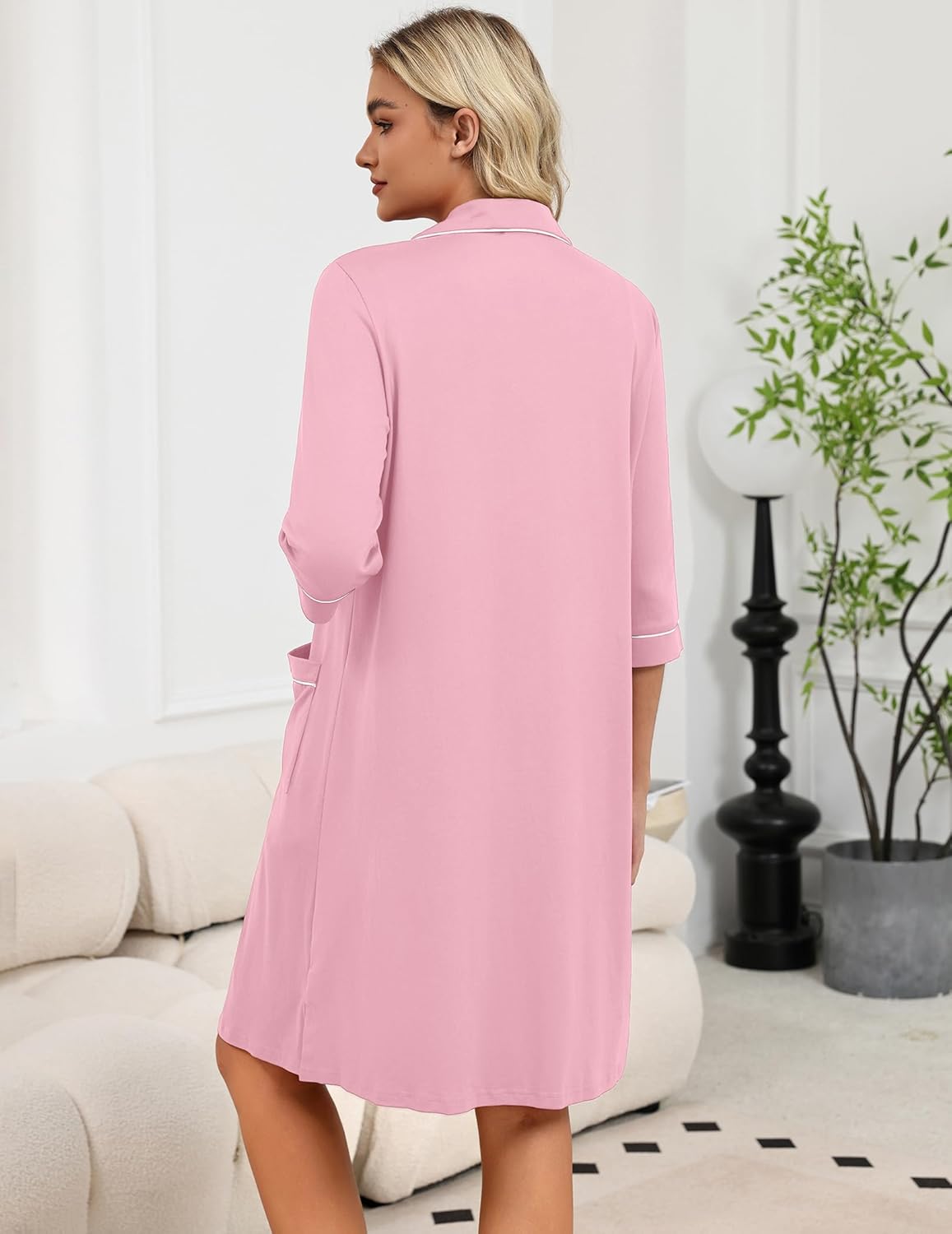 Women’s zip robe with 3/4 sleeves, light pink, contrast trim, back view