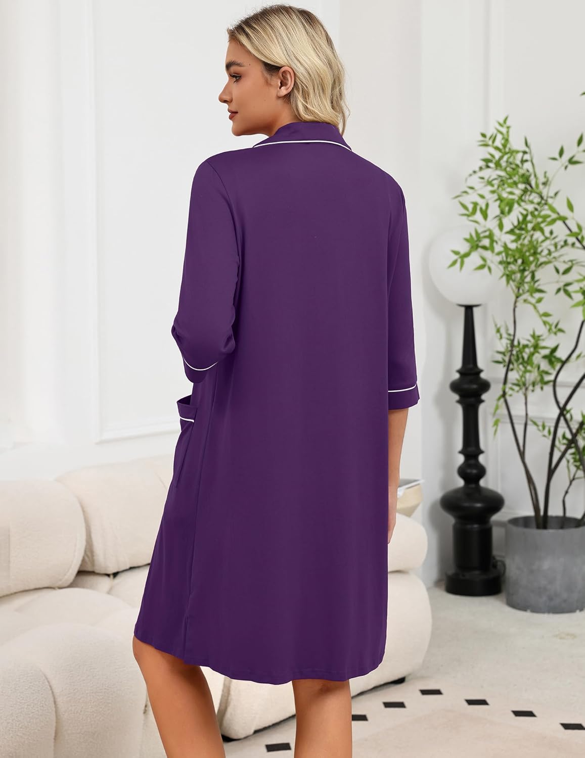 Women’s zip robe with 3/4 sleeves, purple, contrast-trim cuffs, back view