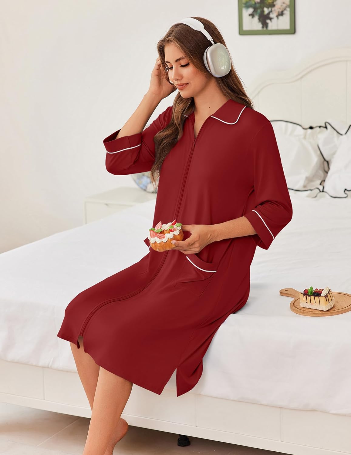 Women’s zip robe with 3/4 sleeves, wine red, contrast piping, front pockets, knee length