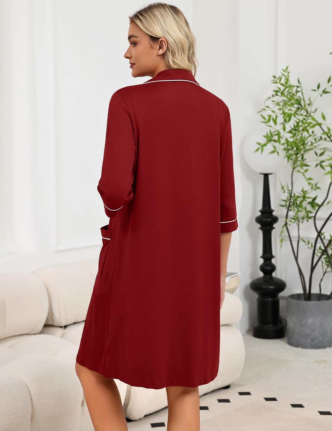 Women’s zip robe with 3/4 sleeves, wine red, contrast-trim cuffs, back view
