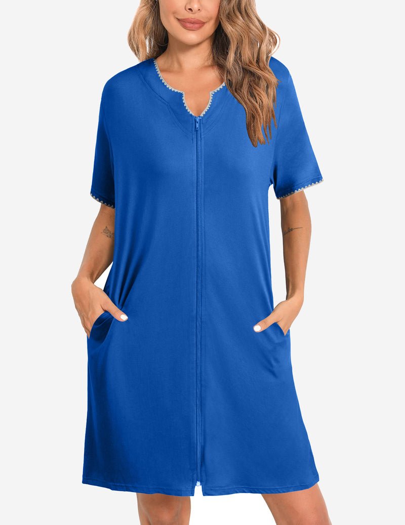 Royal blue zip-front knee-length bathrobe with short sleeves and scalloped neckline