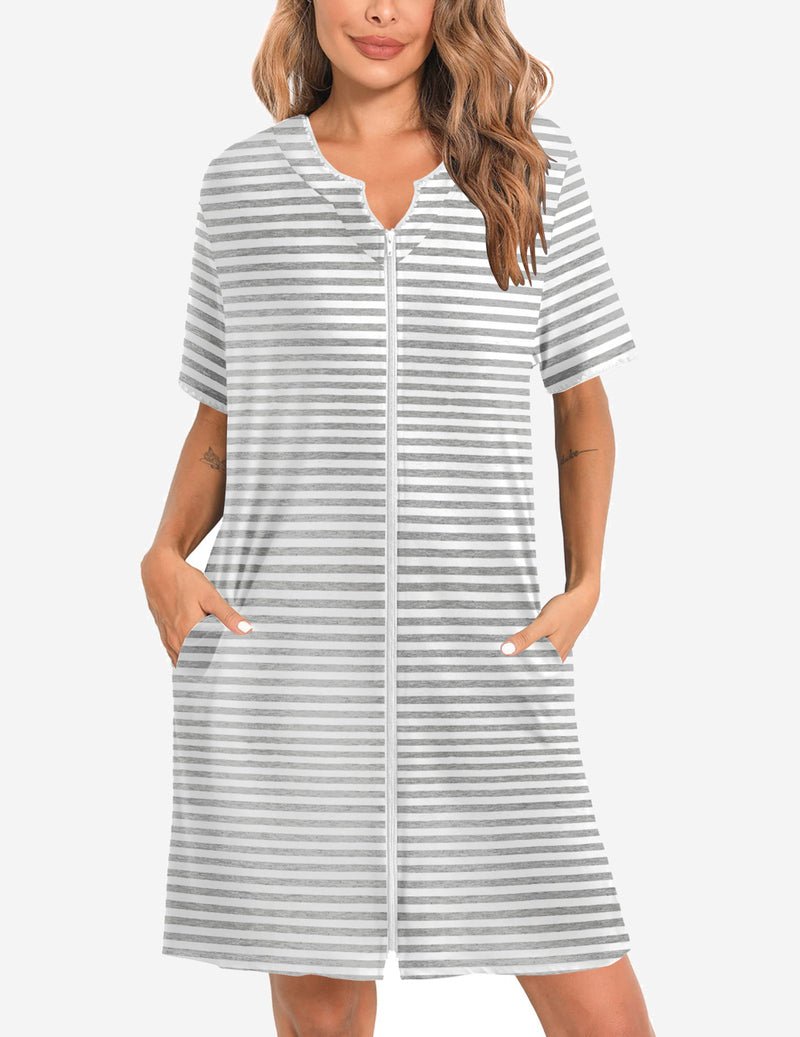 Gray and white striped zip-front knee-length bathrobe with short sleeves