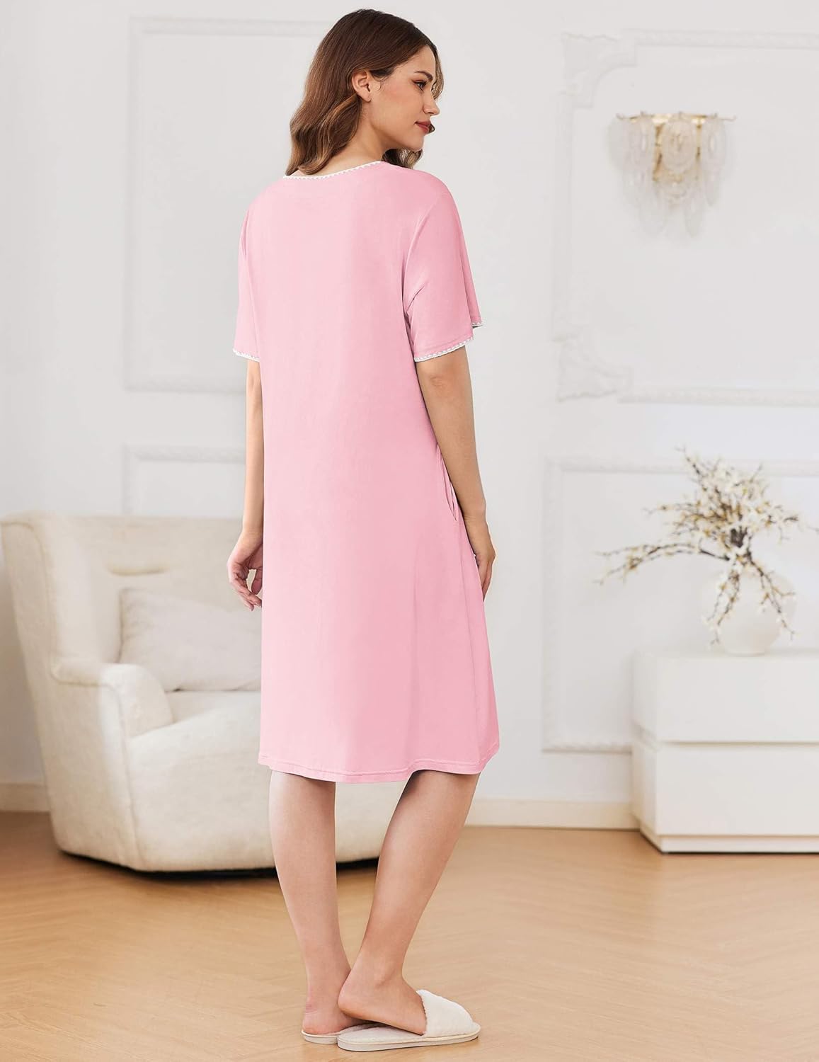 Pink knee-length bathrobe with short sleeves, back view