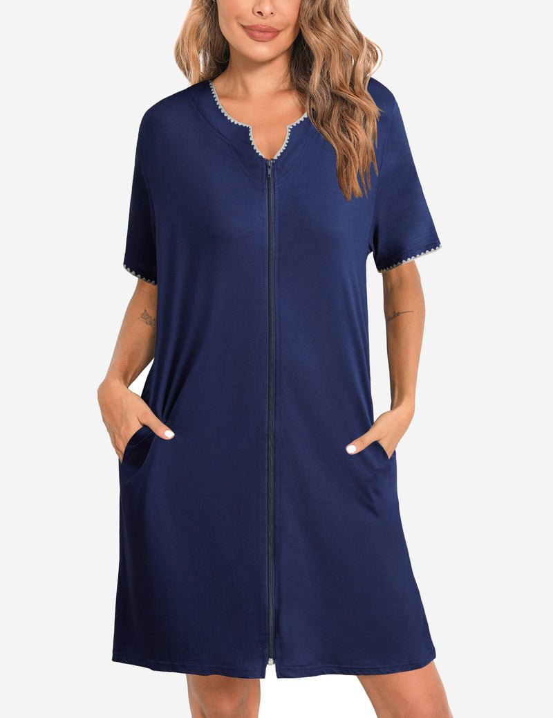Navy zip-front knee-length bathrobe with short sleeves and scalloped neckline