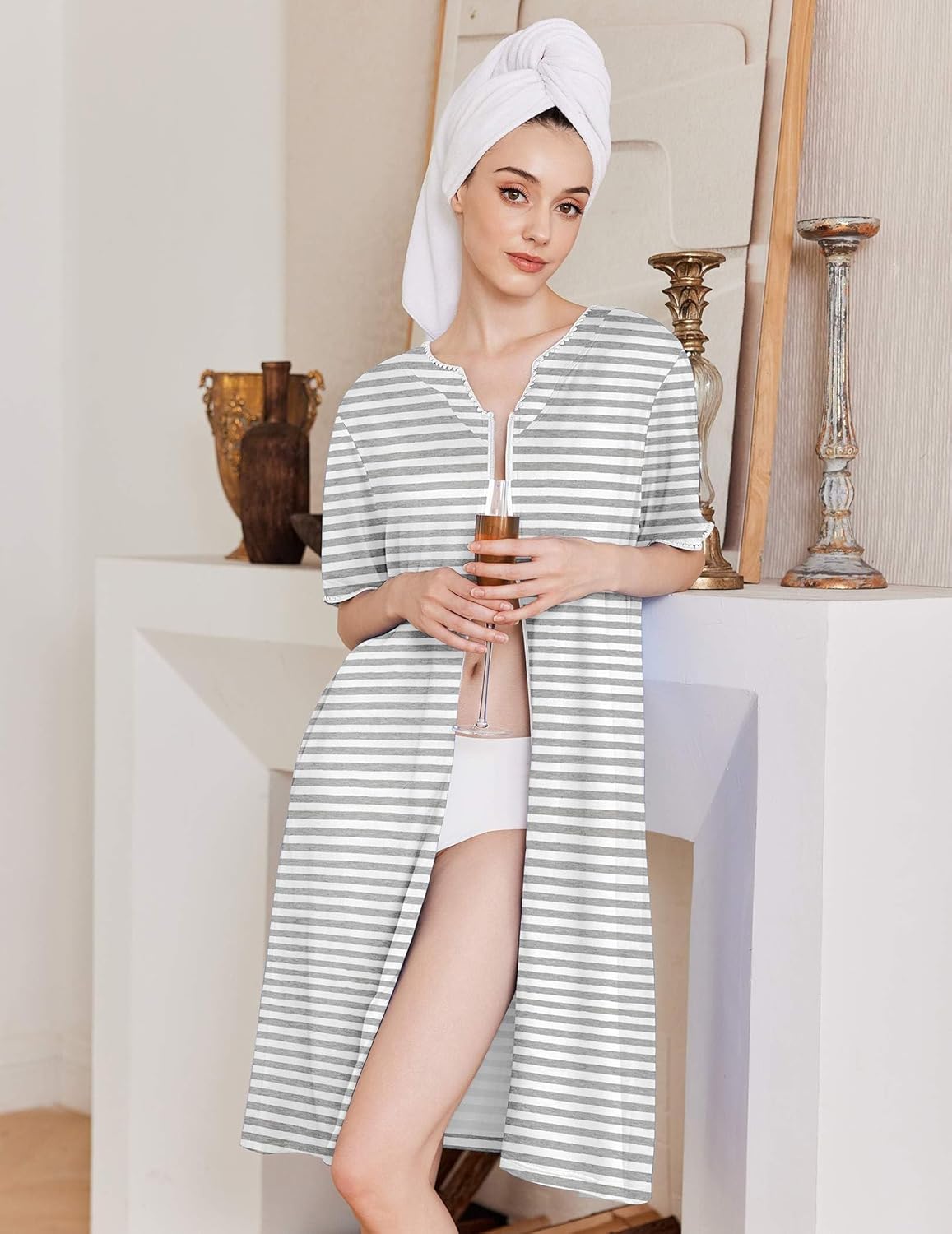 Striped zip-front knee-length bathrobe with hood, light gray and white