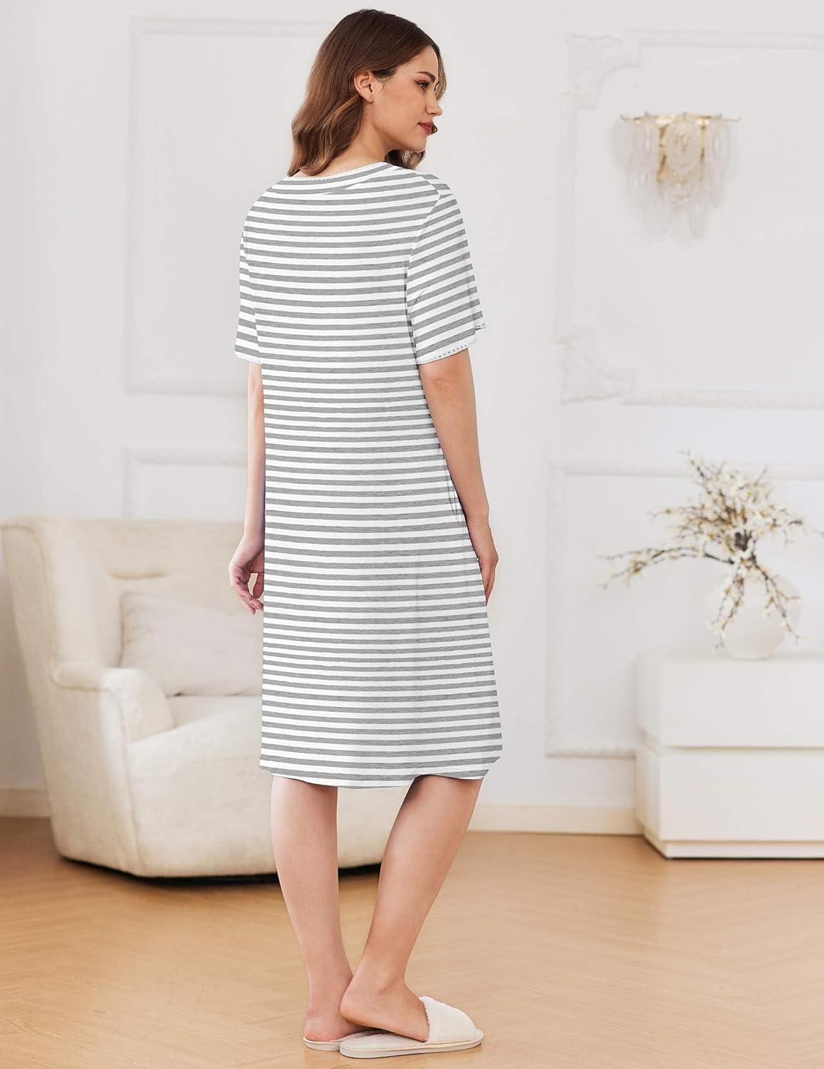 Striped zip-front knee-length bathrobe with short sleeves, light gray and white