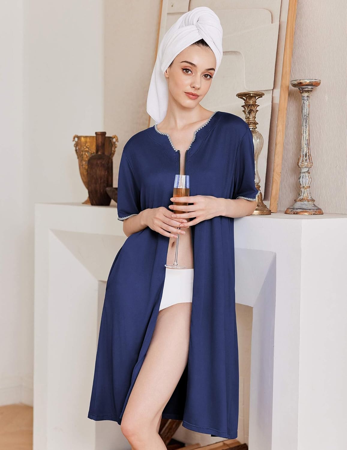 Dark blue zip-front knee-length bathrobe with hood, short sleeves