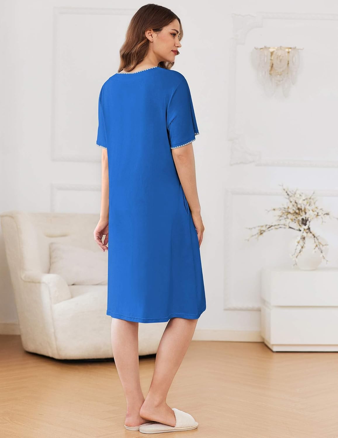 Blue knee-length bathrobe with short sleeves, back view